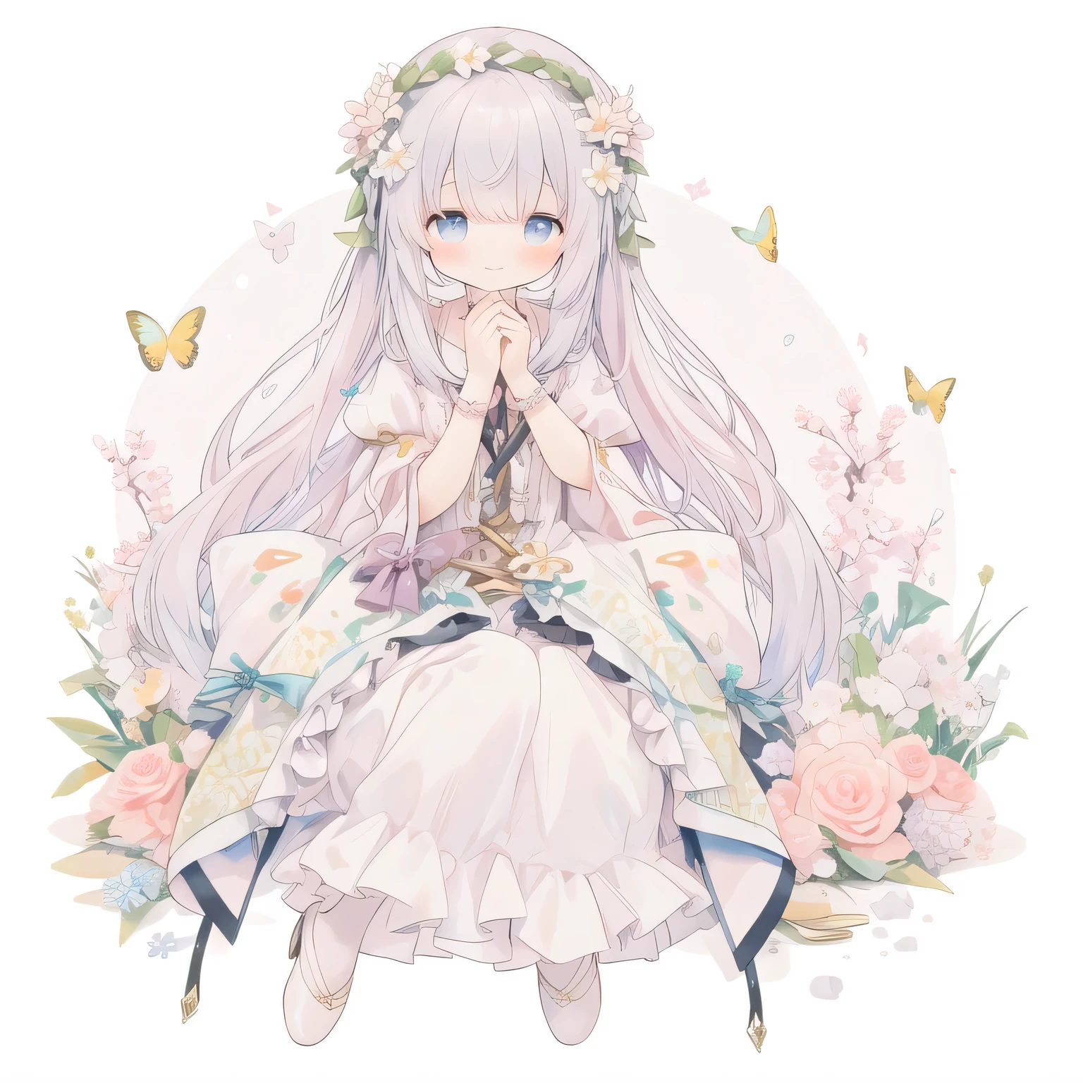1girl in、(PastelColors:1.3)、(Cute illustration:1.3)、(watercolor paiting:1.1)、On White Background、jumpping、levitation、A smile、Aster Harmony Garden Sprite,White snow、Noelle、silber hair、
Jumpsuit with oversized butterfly wings in pastel colors,
Playful ruffles and layers create a whimsical touch,
Narrow your waist to create a beautiful silhouette,
something that wears a wreath decorated with flowers,
I tied a ribbon to my braided hair....：1.3.....,
Lace-up sandals or ballet shoes with ribbon ties,
Moist makeup with pastel eyeshadow,
Add glitter and petal accents to the cheeks,
、 ,Thick wool gown:0.4