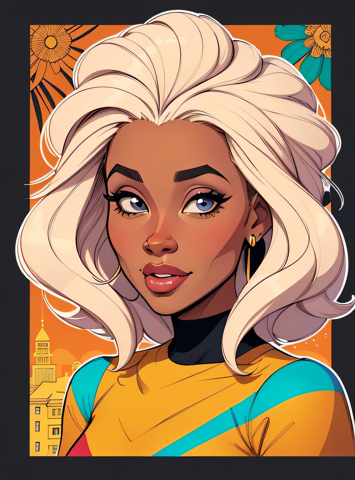 (estilo de desenho animado:1.2), Cartoon image of a woman with big African hair and coffee, garota negra super fofa e descolada, cartoon style illustration, estilo de arte dos desenhos animados, estilo de arte dos desenhos animados, digital illustration style, design de personagens altamente detalhado, arte digital detalhada fofa, City Girl Fan Art, design de personagem retrato, beautiful digital illustration, retrato de alta qualidade, arte em quadrinhos, Africa, retrato do design do personagem, fundo floral