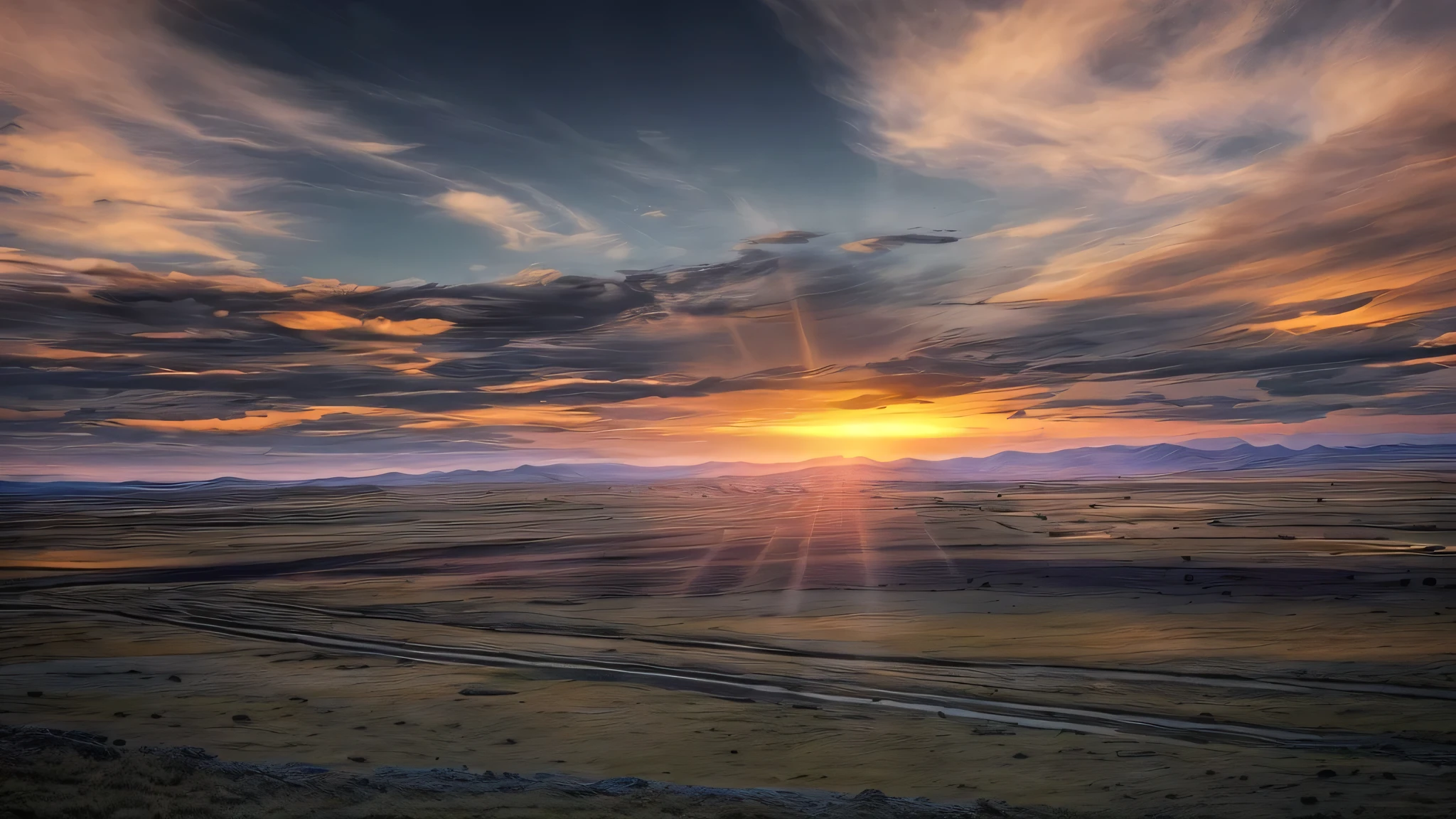 Arafe in the field with the setting sun in the background, mongolia, 広大なMassive landscape, step landscape, the vast grassland, distant landscape photography, step, step background, Massive landscape, Golden steppe, Landscape Wide Shot, Wide-angle landscape, In a vast serene landscape, Solar Field Plains, serene Massive landscape, Wide-angle landscape shot