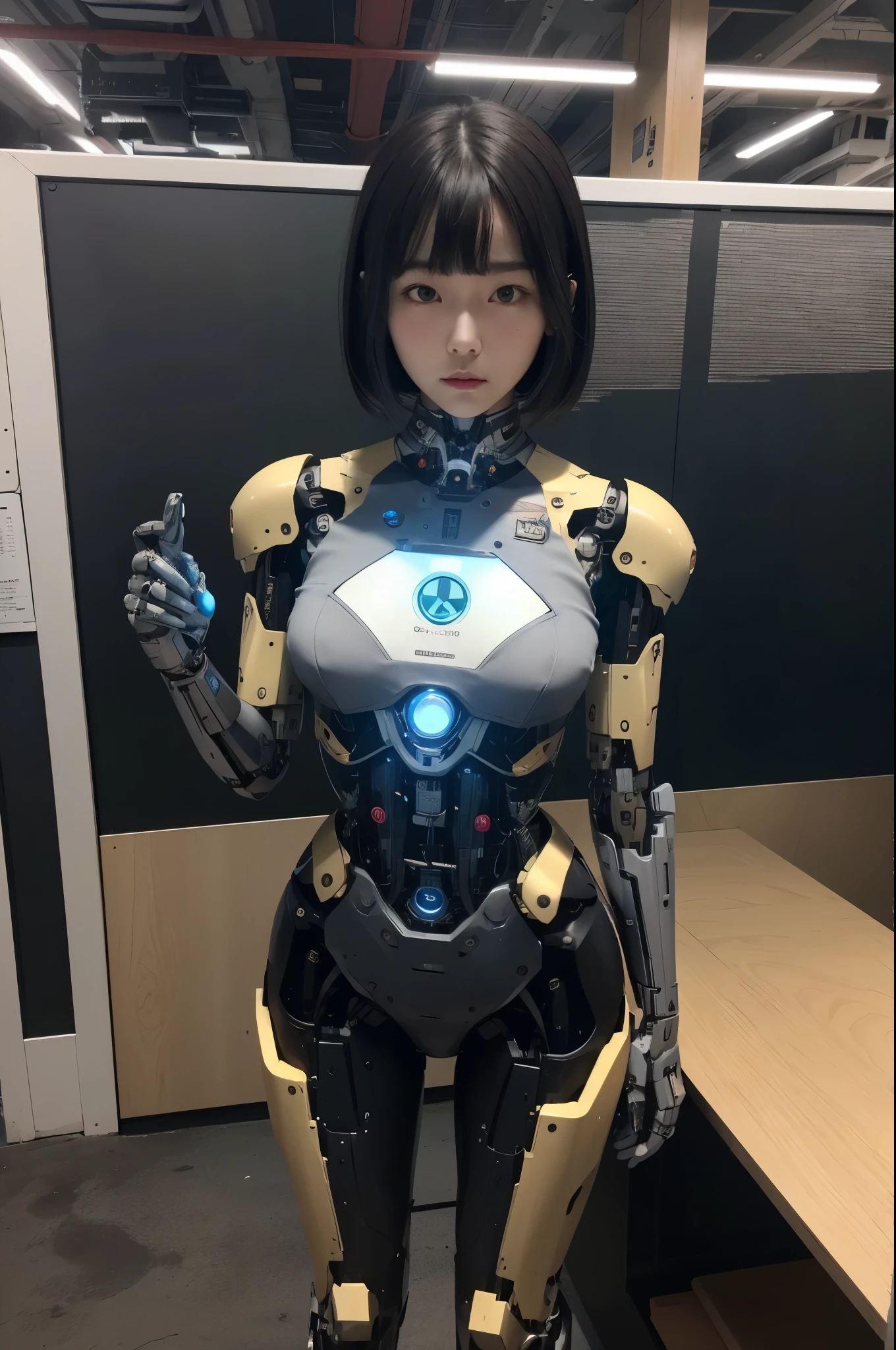 masterpiece, best quality, extremely detailed, Japaese android girl,Plump , control panels,android,Droid,Mechanical Hand, Robot arms and legs, Black hair,Blunt bangs,perfect robot girl,long tube,thick cable connected her neck,android,robot,humanoid,cyborg,japanese cyborg girl ,robot-assembly plant,She is assembled now,assembly scene,chest monitor camera eyes