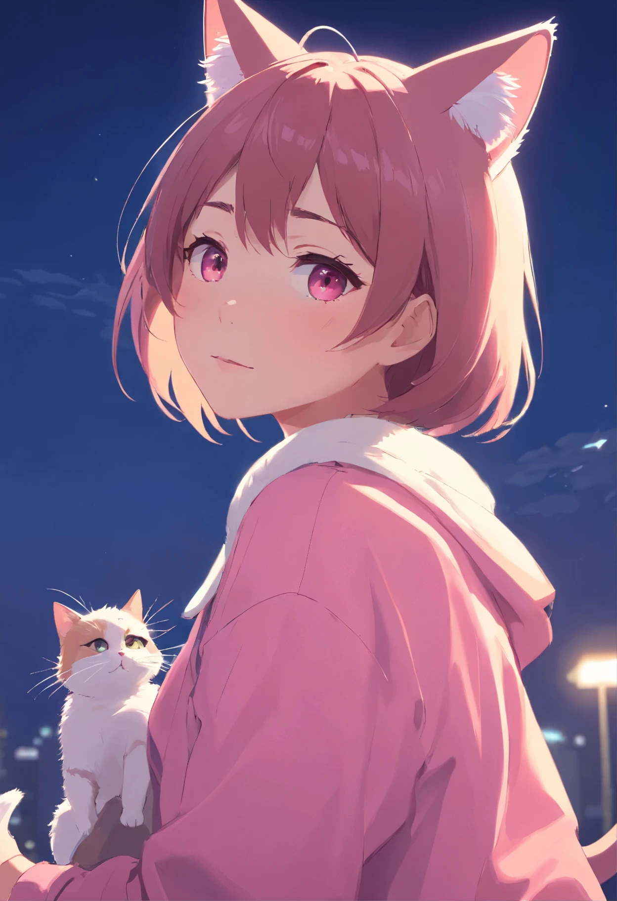 2D Beautiful Girl，in pink，Without clothing，Love Eyes，shy，cat ear，Animal tail