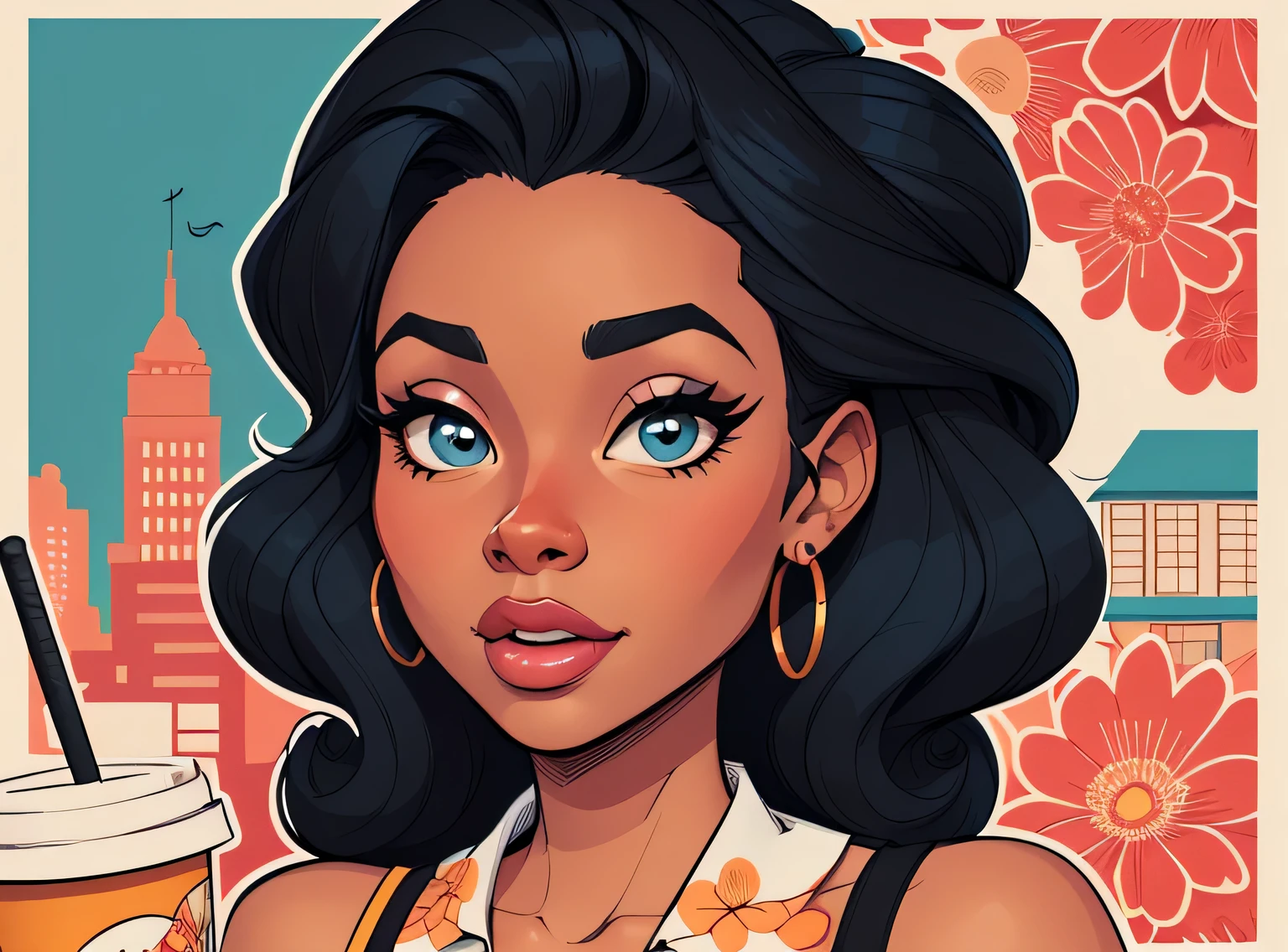 (estilo de desenho animado:1.2), Cartoon image of a woman with big African hair and coffee, garota negra super fofa e descolada, cartoon style illustration, estilo de arte dos desenhos animados, estilo de arte dos desenhos animados, digital illustration style, design de personagens altamente detalhado, arte digital detalhada fofa, City Girl Fan Art, design de personagem retrato, beautiful digital illustration, retrato de alta qualidade, arte em quadrinhos, Africa, retrato do design do personagem, fundo floral