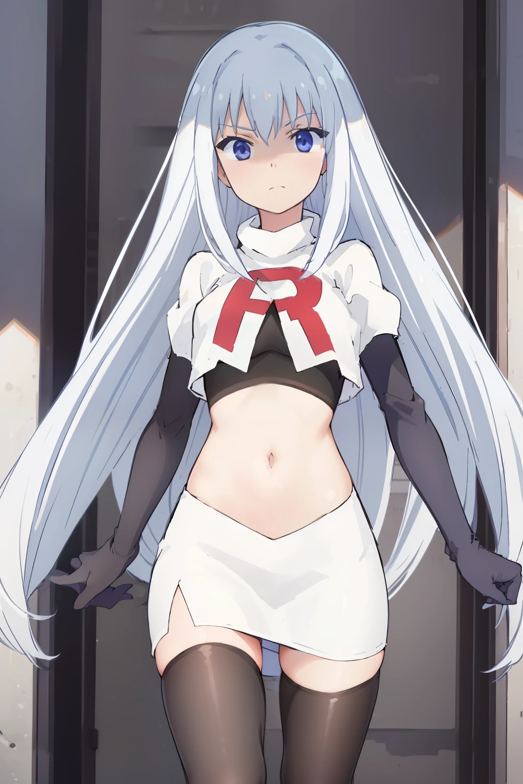 (extremely detailed CG unity 8k wallpaper), (masterpiece), (best quality), (ultra-detailed), (best illustration), (best shadow), (absurdres), 1girl, solo, Masuzu, 1girl, long hair, solo, very long hair, skirt, blue eyes, team rocket,team rocket uniform,white skirt,red letter R,crop top,black thigh-highs,black elbow gloves