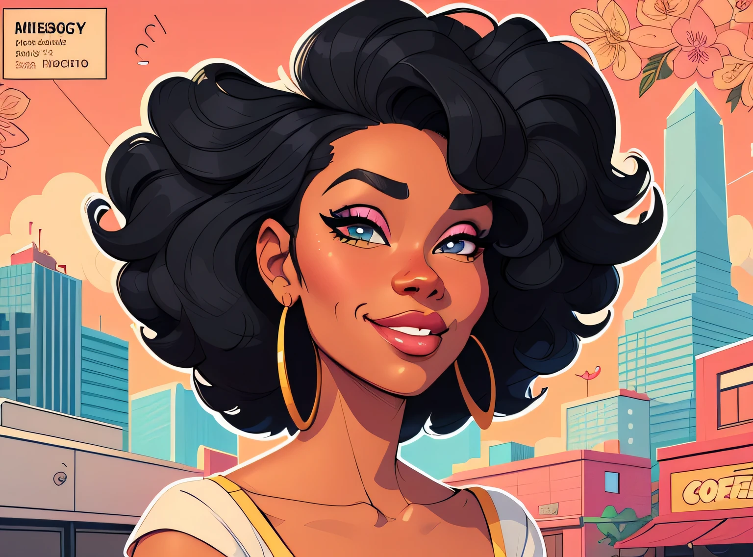 (estilo de desenho animado:1.2), Cartoon image of a woman with big African hair and coffee, garota negra super fofa e descolada, cartoon style illustration, estilo de arte dos desenhos animados, estilo de arte dos desenhos animados, digital illustration style, design de personagens altamente detalhado, arte digital detalhada fofa, City Girl Fan Art, design de personagem retrato, beautiful digital illustration, retrato de alta qualidade, arte em quadrinhos, Africa, retrato do design do personagem, fundo floral