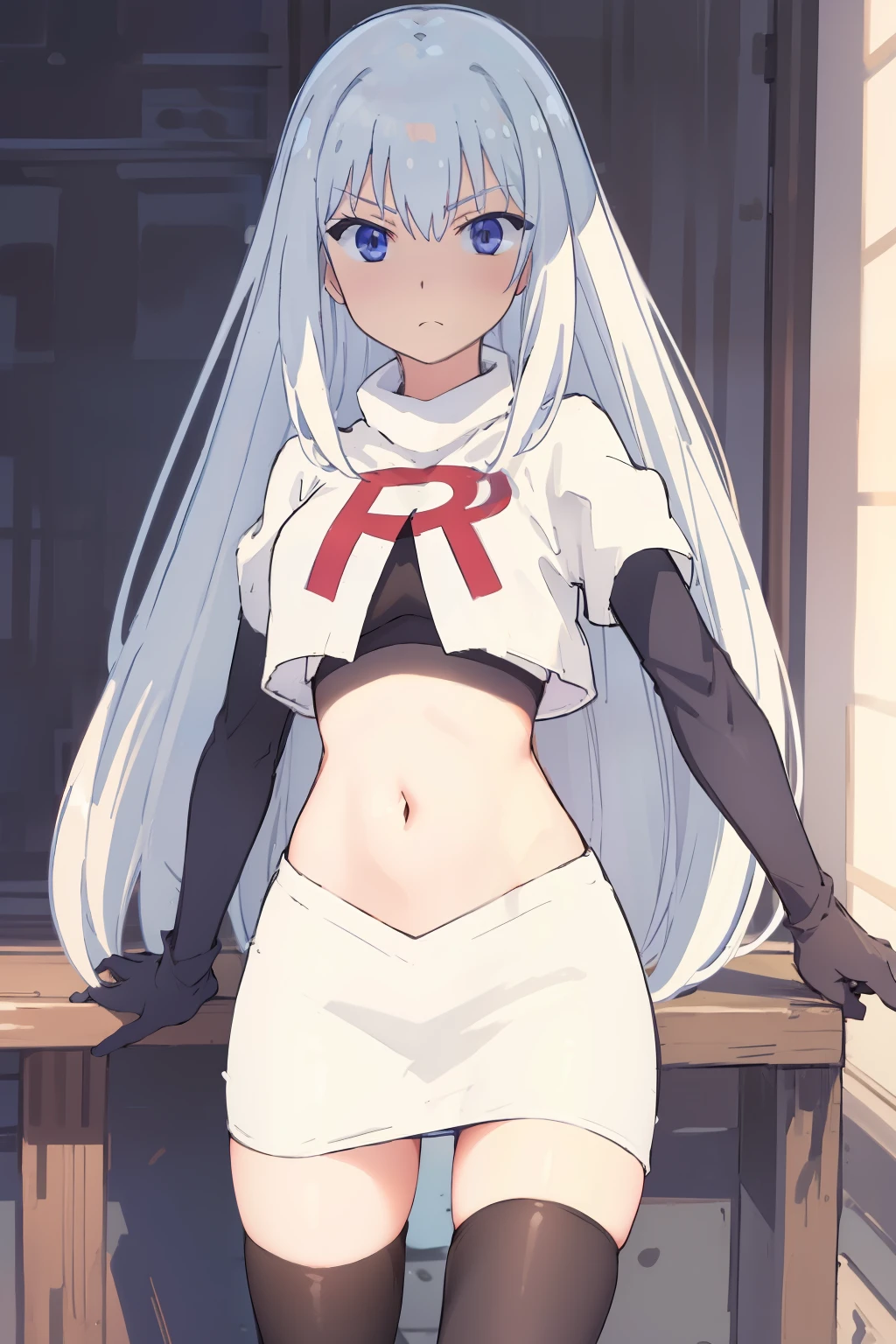 (extremely detailed CG unity 8k wallpaper), (masterpiece), (best quality), (ultra-detailed), (best illustration), (best shadow), (absurdres), 1girl, solo, Masuzu, 1girl, long hair, solo, very long hair, skirt, blue eyes, team rocket,team rocket uniform,white skirt,red letter R,crop top,black thigh-highs,black elbow gloves
