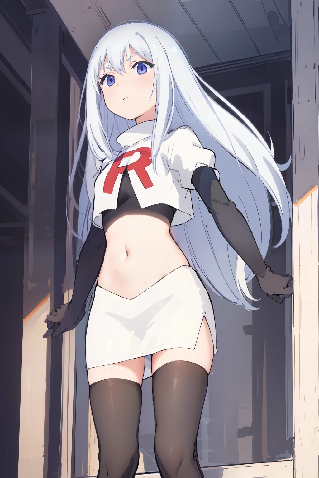 (extremely detailed CG unity 8k wallpaper), (masterpiece), (best quality), (ultra-detailed), (best illustration), (best shadow), (absurdres), 1girl, solo,   Masuzu, 1girl, long hair, solo,  very long hair, skirt, blue eyes, team rocket,team rocket uniform,white skirt,red letter R,crop top,black thigh-highs,black elbow gloves