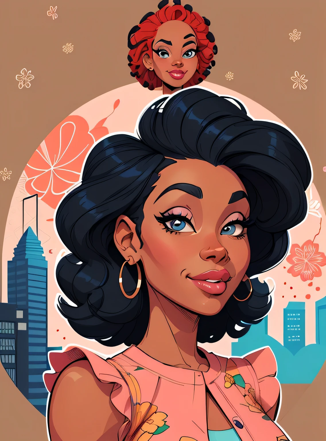 (estilo de desenho animado:1.2), Cartoon image of a woman with big African hair and coffee, garota negra super fofa e descolada, cartoon style illustration, estilo de arte dos desenhos animados, estilo de arte dos desenhos animados, digital illustration style, design de personagens altamente detalhado, arte digital detalhada fofa, City Girl Fan Art, design de personagem retrato, beautiful digital illustration, retrato de alta qualidade, arte em quadrinhos, Africa, retrato do design do personagem, fundo floral