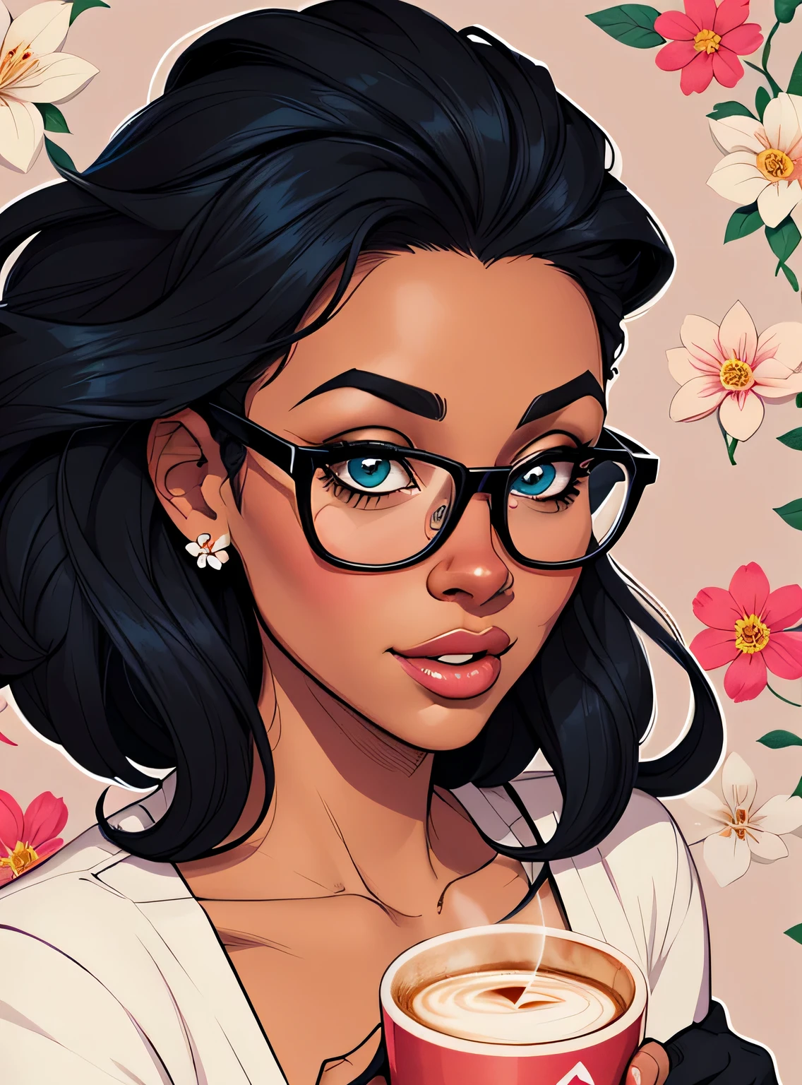 (estilo de desenho animado:1.2), Imagem dos desenhos animados de uma mulher com cabelo africano grande, cups and coffee, garota negra super fofa e descolada, cartoon style illustration, estilo de arte dos desenhos animados, estilo de arte dos desenhos animados, digital illustration style, design de personagens altamente detalhado, arte digital detalhada fofa, City Girl Fan Art, design de personagem retrato, beautiful digital illustration, retrato de alta qualidade, arte em quadrinhos, Africa, retrato do design do personagem, fundo floral