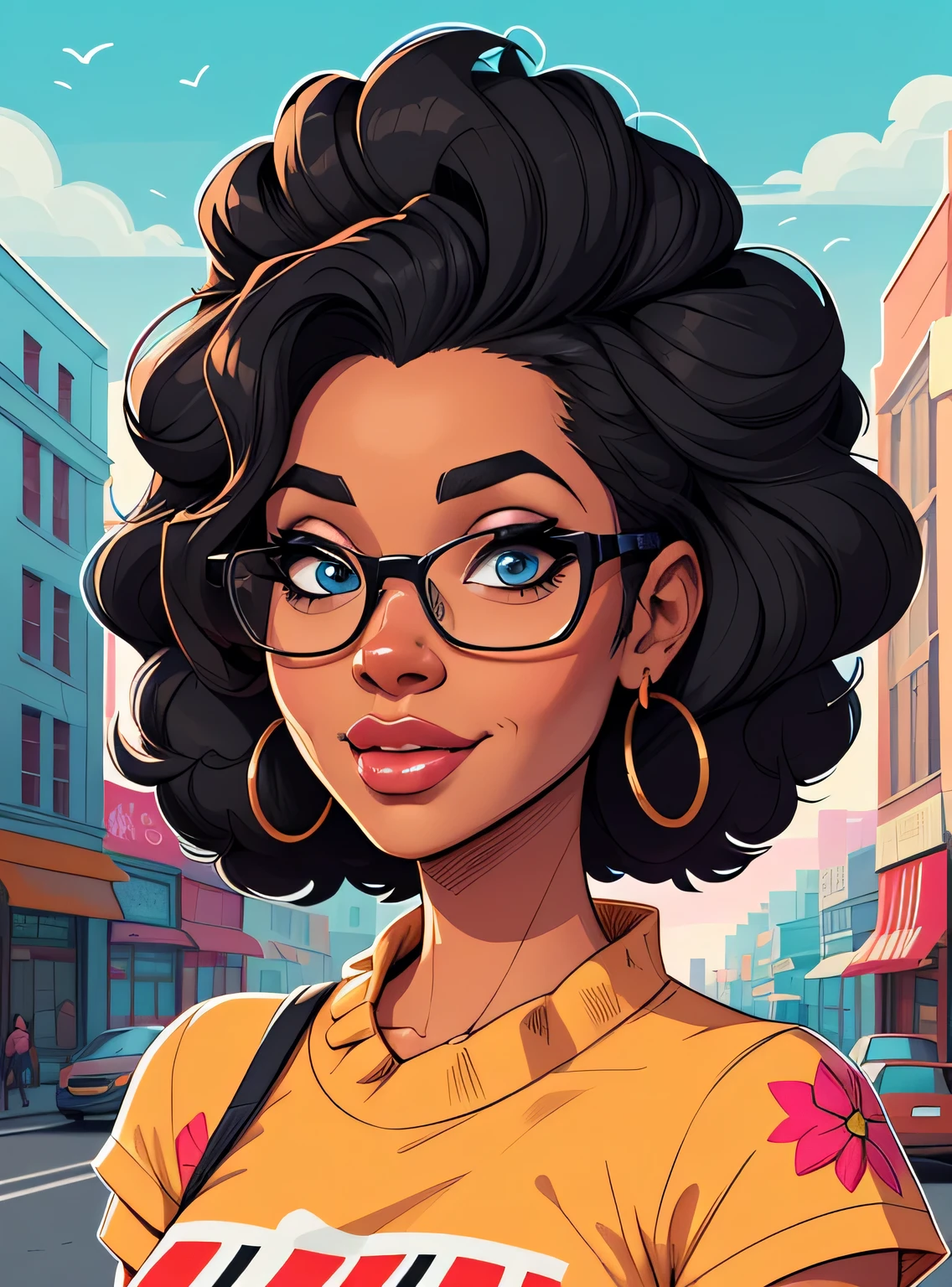 (estilo de desenho animado:1.2), Imagem dos desenhos animados de uma mulher com cabelo africano grande, cups and coffee, garota negra super fofa e descolada, cartoon style illustration, estilo de arte dos desenhos animados, estilo de arte dos desenhos animados, digital illustration style, design de personagens altamente detalhado, arte digital detalhada fofa, City Girl Fan Art, design de personagem retrato, beautiful digital illustration, retrato de alta qualidade, arte em quadrinhos, Africa, retrato do design do personagem, fundo floral