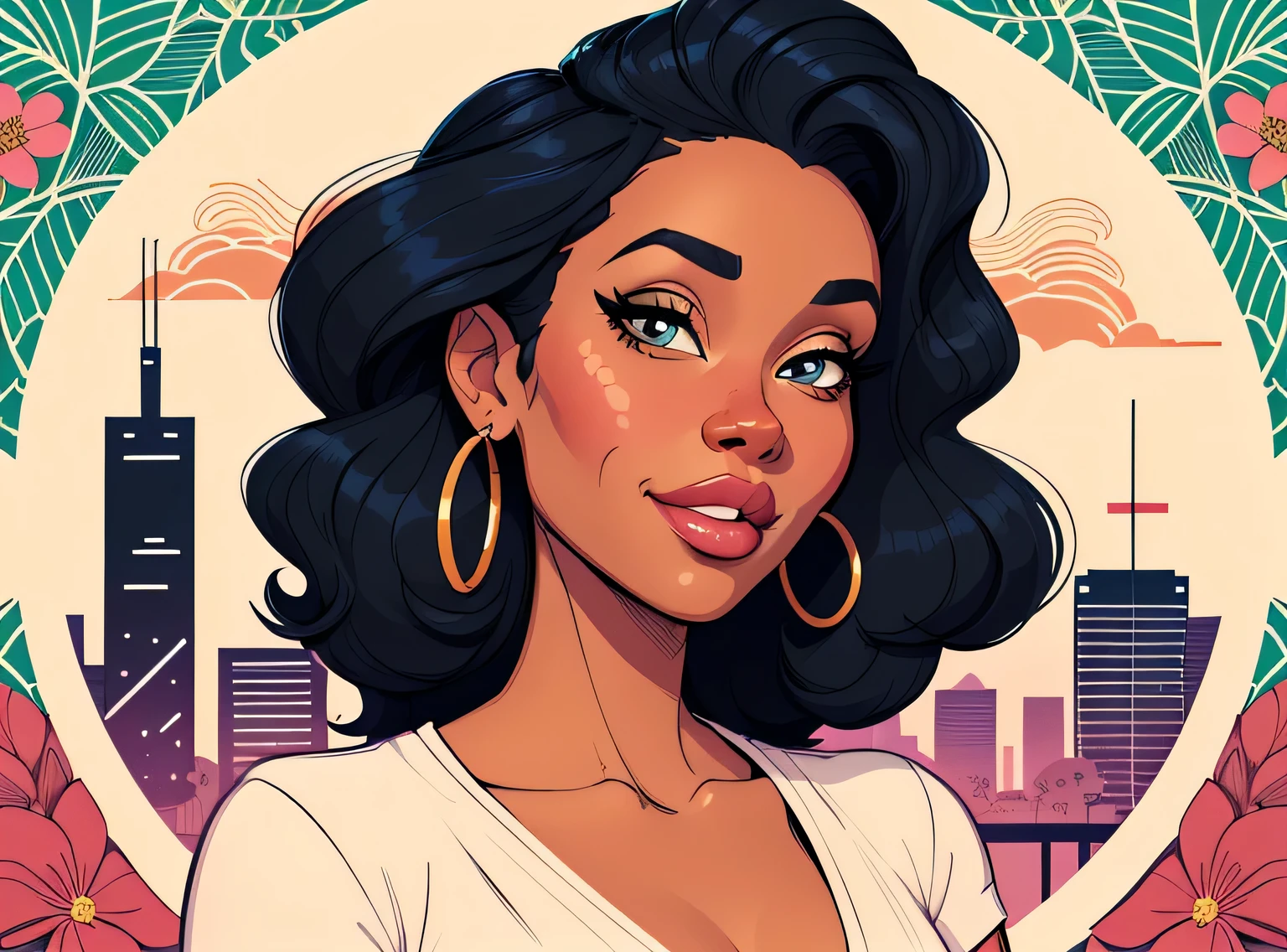 (estilo de desenho animado:1.2), Cartoon image of a woman with big African hair and coffee, garota negra super fofa e descolada, cartoon style illustration, estilo de arte dos desenhos animados, estilo de arte dos desenhos animados, digital illustration style, design de personagens altamente detalhado, arte digital detalhada fofa, City Girl Fan Art, design de personagem retrato, beautiful digital illustration, retrato de alta qualidade, arte em quadrinhos, Africa, retrato do design do personagem, fundo floral
