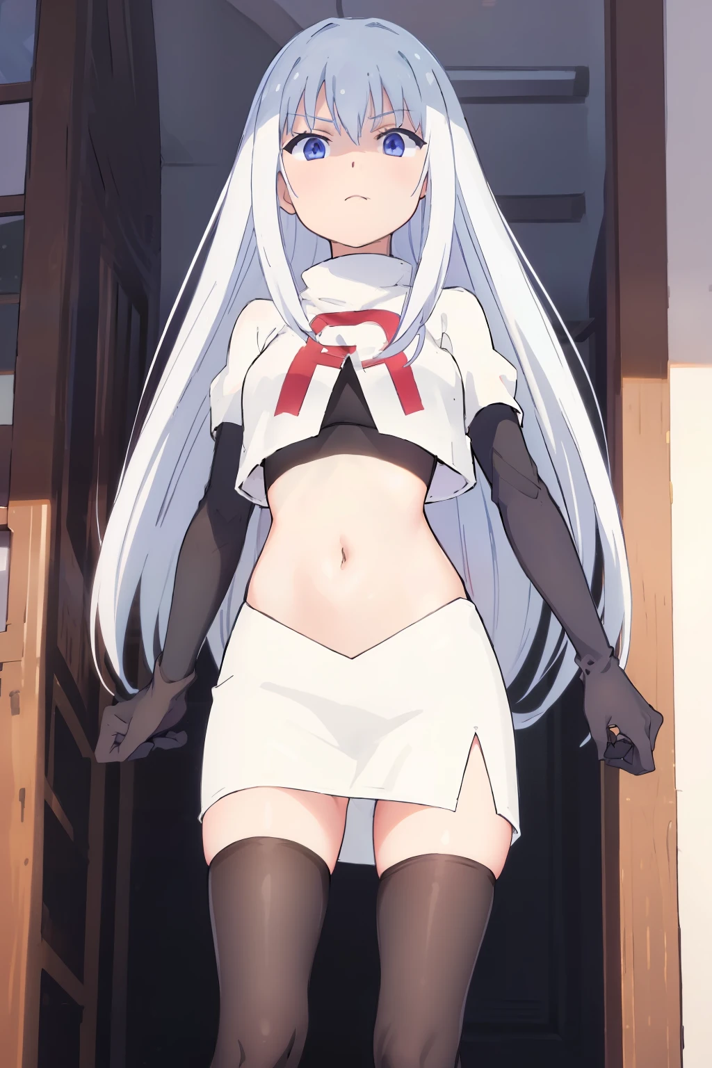 (extremely detailed CG unity 8k wallpaper), (masterpiece), (best quality), (ultra-detailed), (best illustration), (best shadow), (absurdres), 1girl, solo,   Masuzu, 1girl, long hair, solo,  very long hair, skirt, blue eyes, team rocket,team rocket uniform,white skirt,red letter R,crop top,black thigh-highs,black elbow gloves