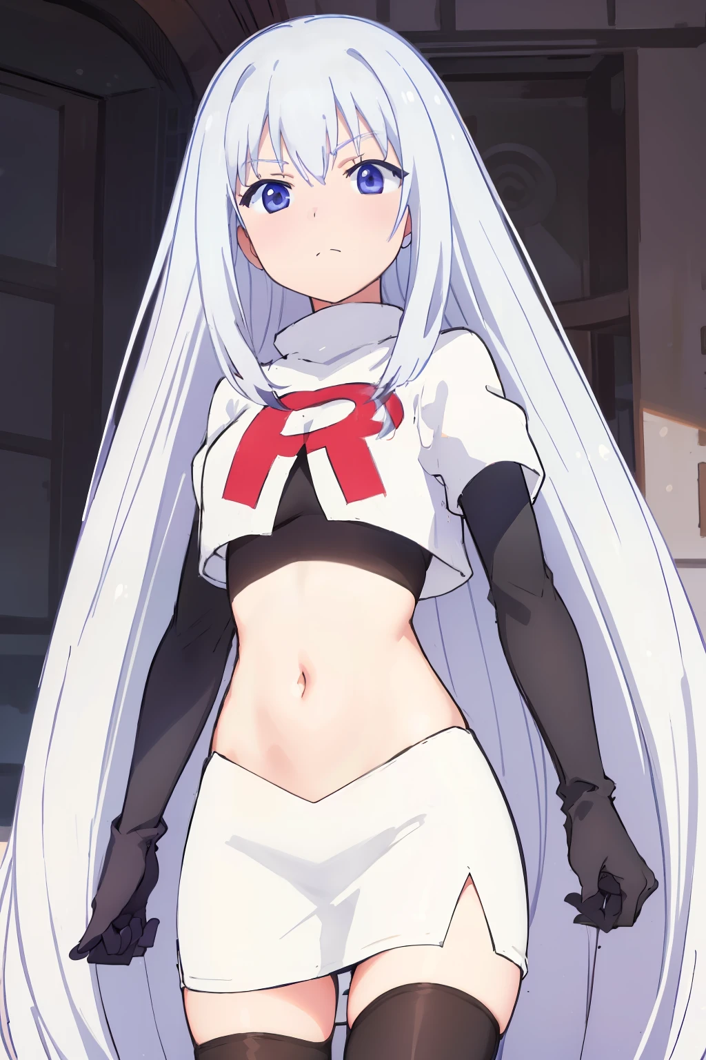 (extremely detailed CG unity 8k wallpaper), (masterpiece), (best quality), (ultra-detailed), (best illustration), (best shadow), (absurdres), 1girl, solo, Masuzu, 1girl, long hair, solo, very long hair, skirt, blue eyes, team rocket,team rocket uniform,white skirt,red letter R,crop top,black thigh-highs,black elbow gloves