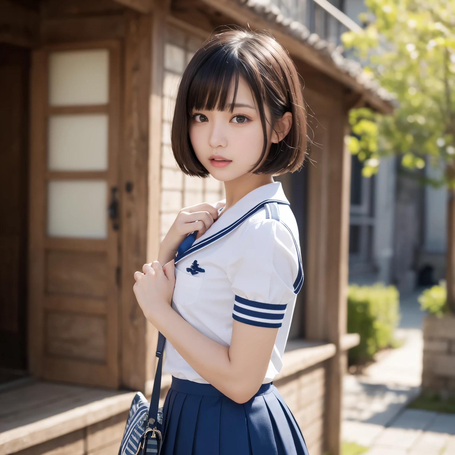 (realistic、Photoreal:1.2)、 very delicate and beautiful、 soft light、 1 girl standing、 neat beauty、 black hair、 bob cut hair、Japanese、 beautiful detailed girl、 cute、 shy、Passionate gaze staring at the viewer、 (sailor school uniform、 Dark blue long skirt:1.2)、 outdoor、