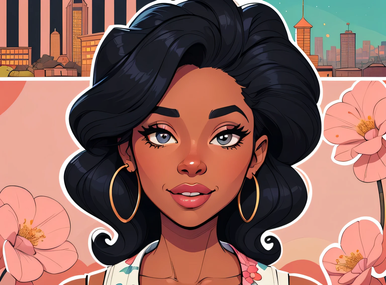(estilo de desenho animado:1.2), Cartoon image of a woman with big African hair and coffee, garota negra super fofa e descolada, cartoon style illustration, estilo de arte dos desenhos animados, estilo de arte dos desenhos animados, digital illustration style, design de personagens altamente detalhado, arte digital detalhada fofa, City Girl Fan Art, design de personagem retrato, beautiful digital illustration, retrato de alta qualidade, arte em quadrinhos, Africa, retrato do design do personagem, fundo floral