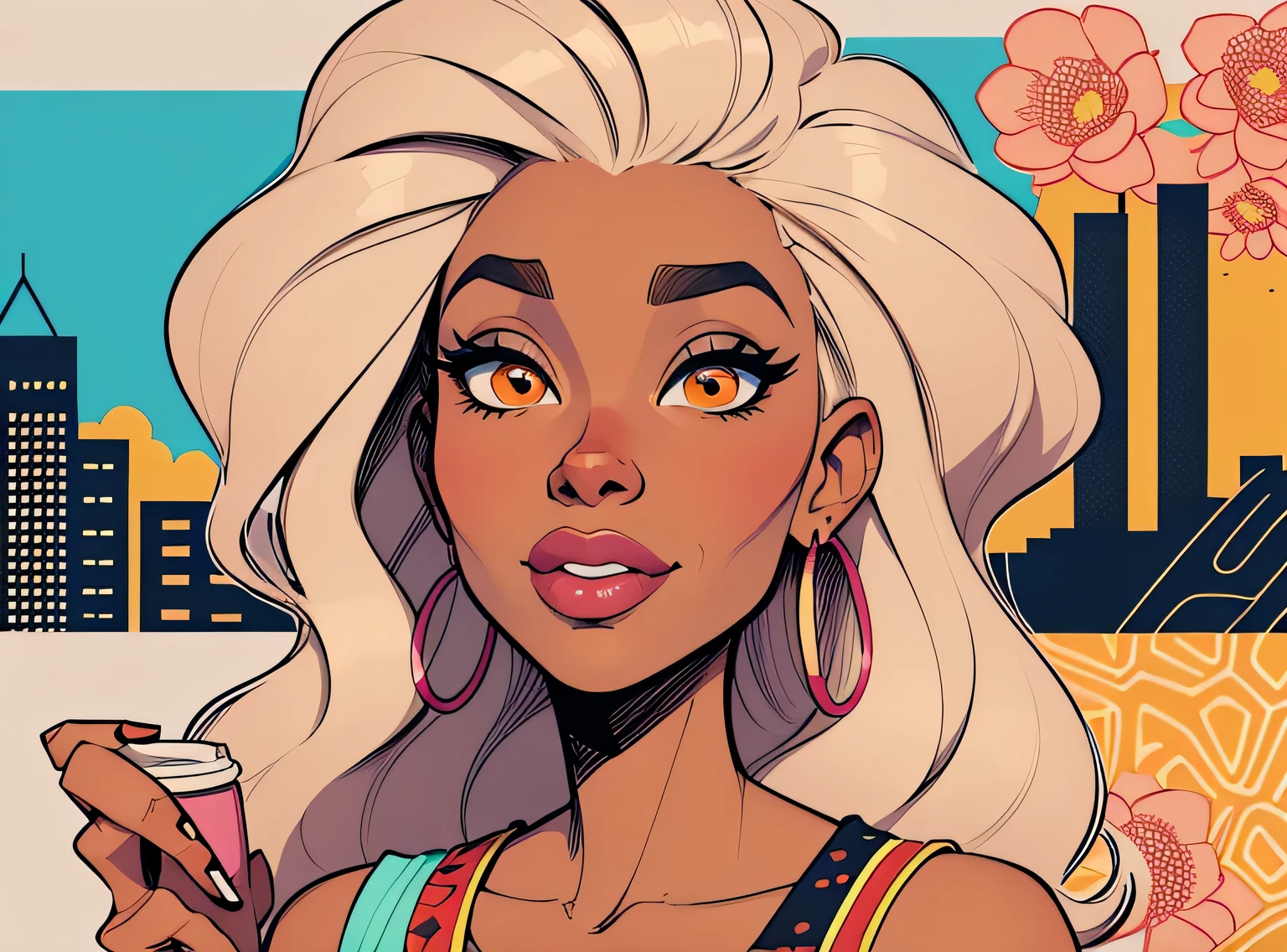 (estilo de desenho animado:1.2), Cartoon image of a woman with big African hair and coffee, garota negra super fofa e descolada, cartoon style illustration, estilo de arte dos desenhos animados, estilo de arte dos desenhos animados, digital illustration style, design de personagens altamente detalhado, arte digital detalhada fofa, City Girl Fan Art, design de personagem retrato, beautiful digital illustration, retrato de alta qualidade, arte em quadrinhos, Africa, retrato do design do personagem, fundo floral