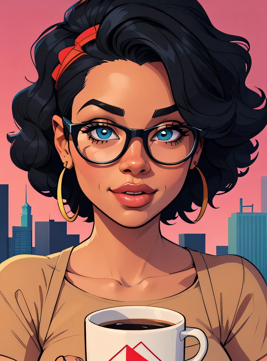 (estilo de desenho animado:1.2), Imagem dos desenhos animados de uma mulher com cabelo africano grande, cups and coffee, garota negra super fofa e descolada, cartoon style illustration, estilo de arte dos desenhos animados, estilo de arte dos desenhos animados, digital illustration style, design de personagens altamente detalhado, arte digital detalhada fofa, City Girl Fan Art, design de personagem retrato, beautiful digital illustration, retrato de alta qualidade, arte em quadrinhos, Africa, retrato do design do personagem, Geometric background