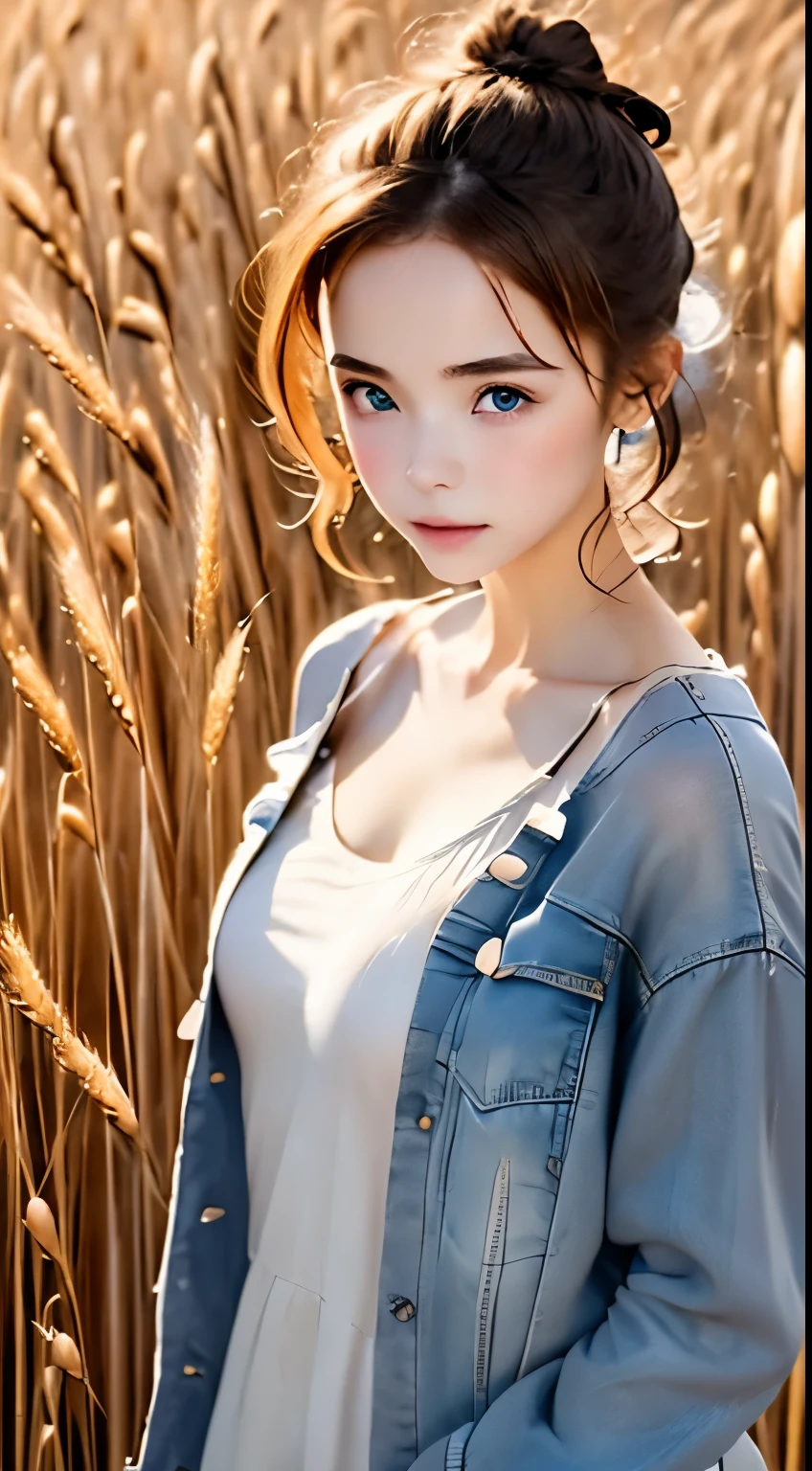 one woman、cute face、Upper body angle、、Japanese、charming eyes、cream hair、bun hair、18-year-old、gray eyes、camisole dress、blue jacket、outdoor、Another appearance、field of wheat