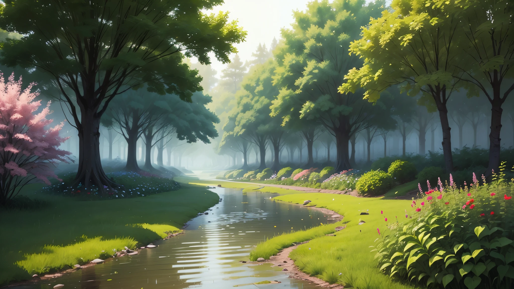 heavy rain in the park with many trees and plants and flowers, wet vegetation from rain