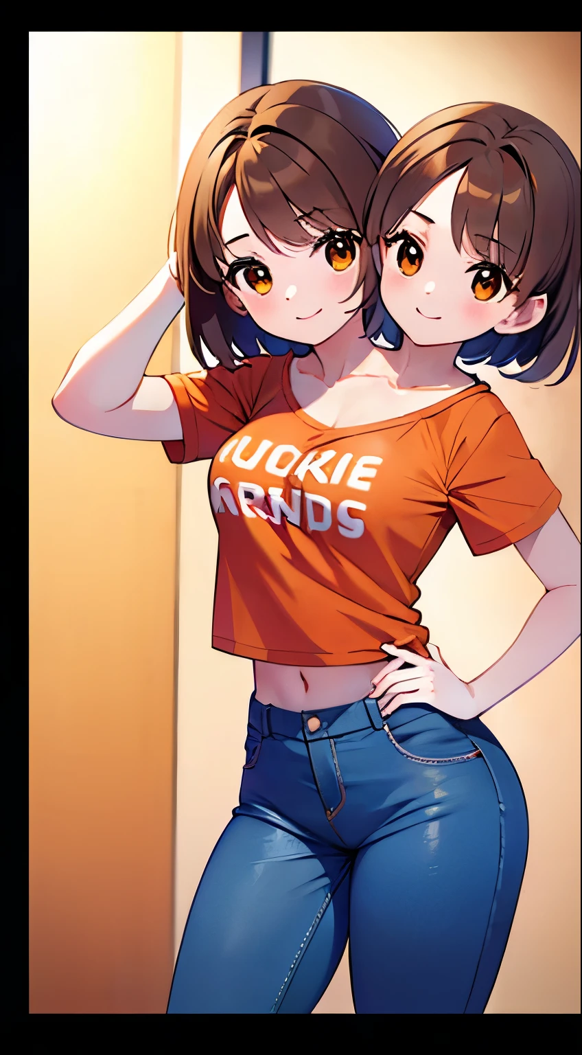 best quality, (masterpiece),(ultra-detailed), (high quality), (high resolution), (2heads:1.5) (brown short hair), (hazel eyes), best quality:1.5, highres, UHD, 4K), smiling, highres, masterpiece, best quality, 4k, blue pants, slim hips, orange t shirt, ((teenager))