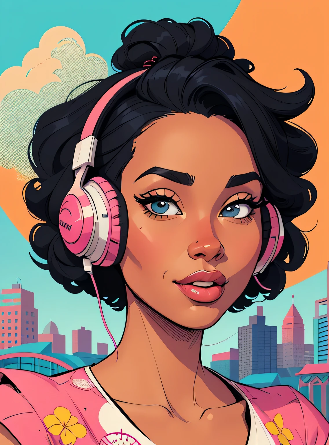 (estilo de desenho animado:1.2), Imagem de desenho animado de uma mulher com grandes cabelos africanos e fones de ouvido, garota negra super fofa e descolada, cartoon style illustration, estilo de arte dos desenhos animados, estilo de arte dos desenhos animados, digital illustration style, design de personagens altamente detalhado, arte digital detalhada fofa, City Girl Fan Art, design de personagem retrato, beautiful digital illustration, retrato de alta qualidade, arte em quadrinhos, Africa, retrato do design do personagem, fundo floral