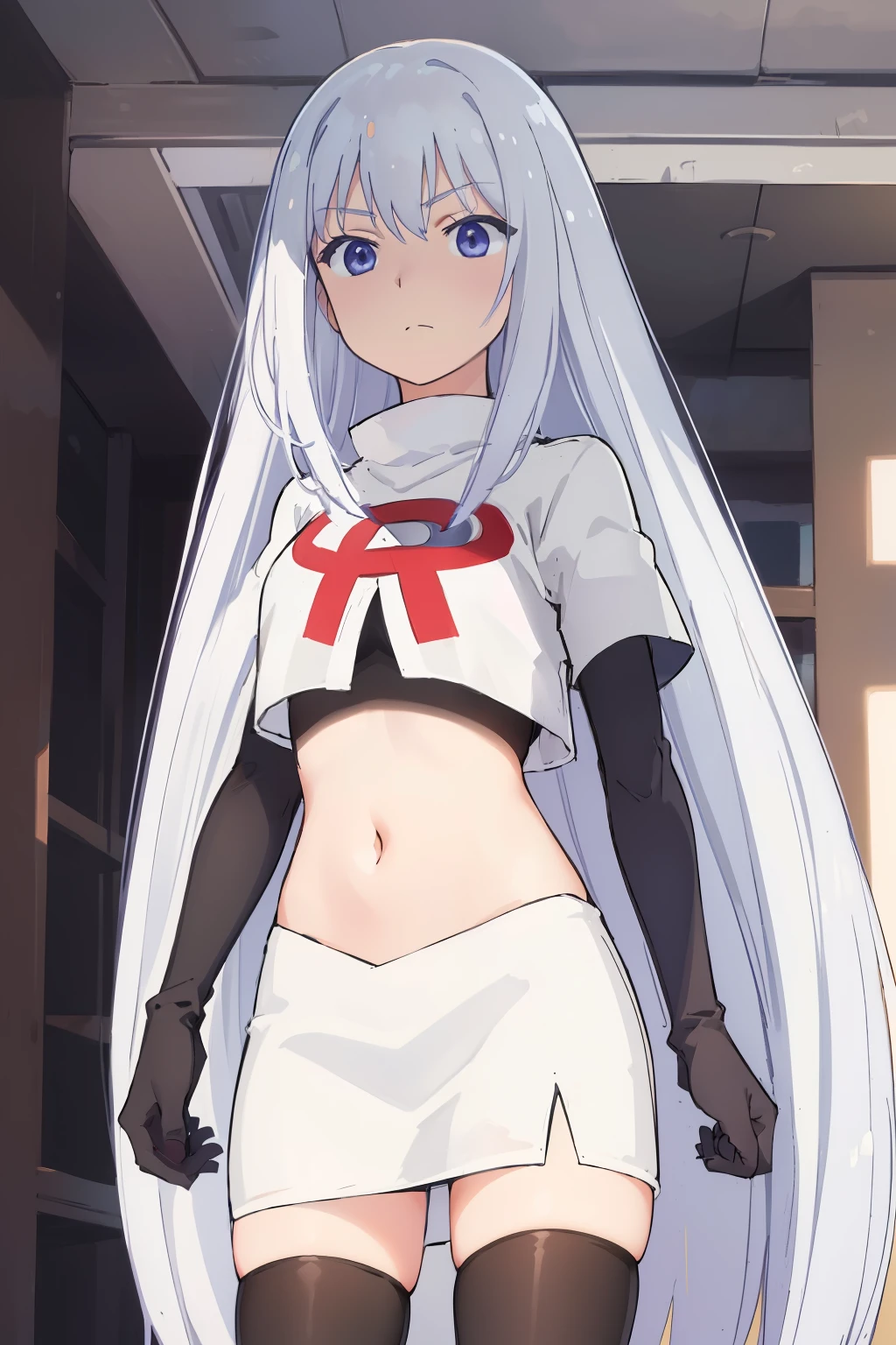 (extremely detailed CG unity 8k wallpaper), (masterpiece), (best quality), (ultra-detailed), (best illustration), (best shadow), (absurdres), 1girl, solo,   Masuzu, 1girl, long hair, solo,  very long hair, skirt, blue eyes, team rocket,team rocket uniform,white skirt,red letter R,crop top,black thigh-highs,black elbow gloves