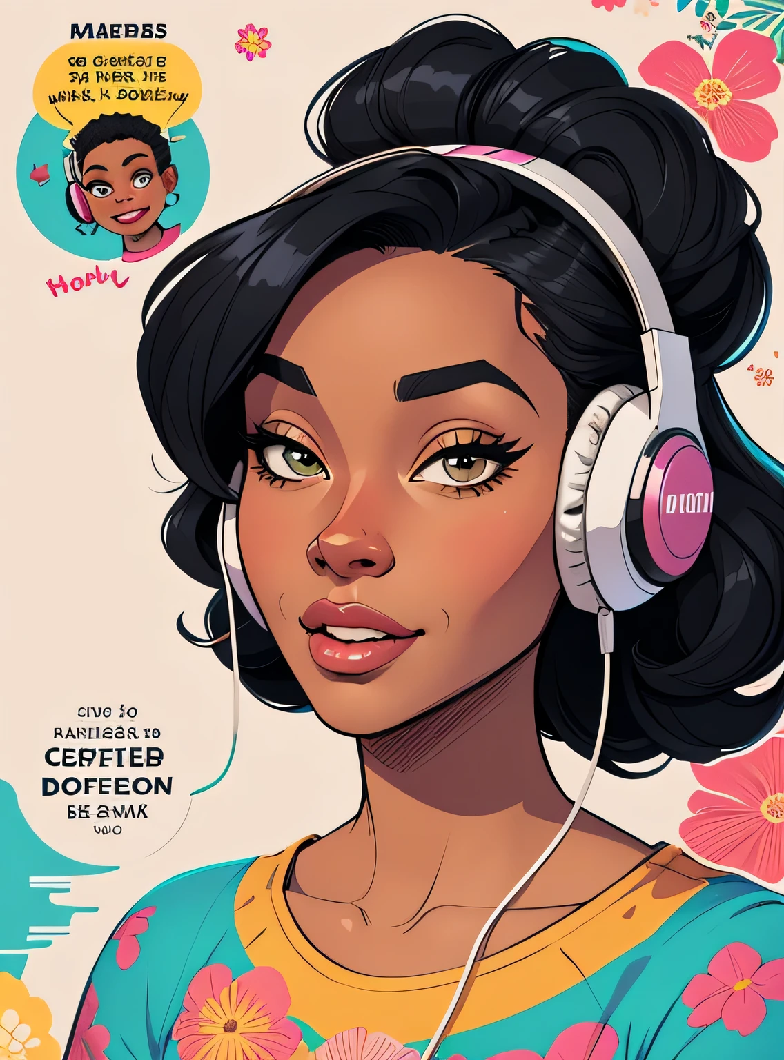 (estilo de desenho animado:1.2), Imagem dos desenhos animados de uma mulher com cabelo africano grande, headphones and coffee, garota negra super fofa e descolada, cartoon style illustration, estilo de arte dos desenhos animados, estilo de arte dos desenhos animados, digital illustration style, design de personagens altamente detalhado, arte digital detalhada fofa, City Girl Fan Art, design de personagem retrato, beautiful digital illustration, retrato de alta qualidade, arte em quadrinhos, Africa, retrato do design do personagem, fundo floral