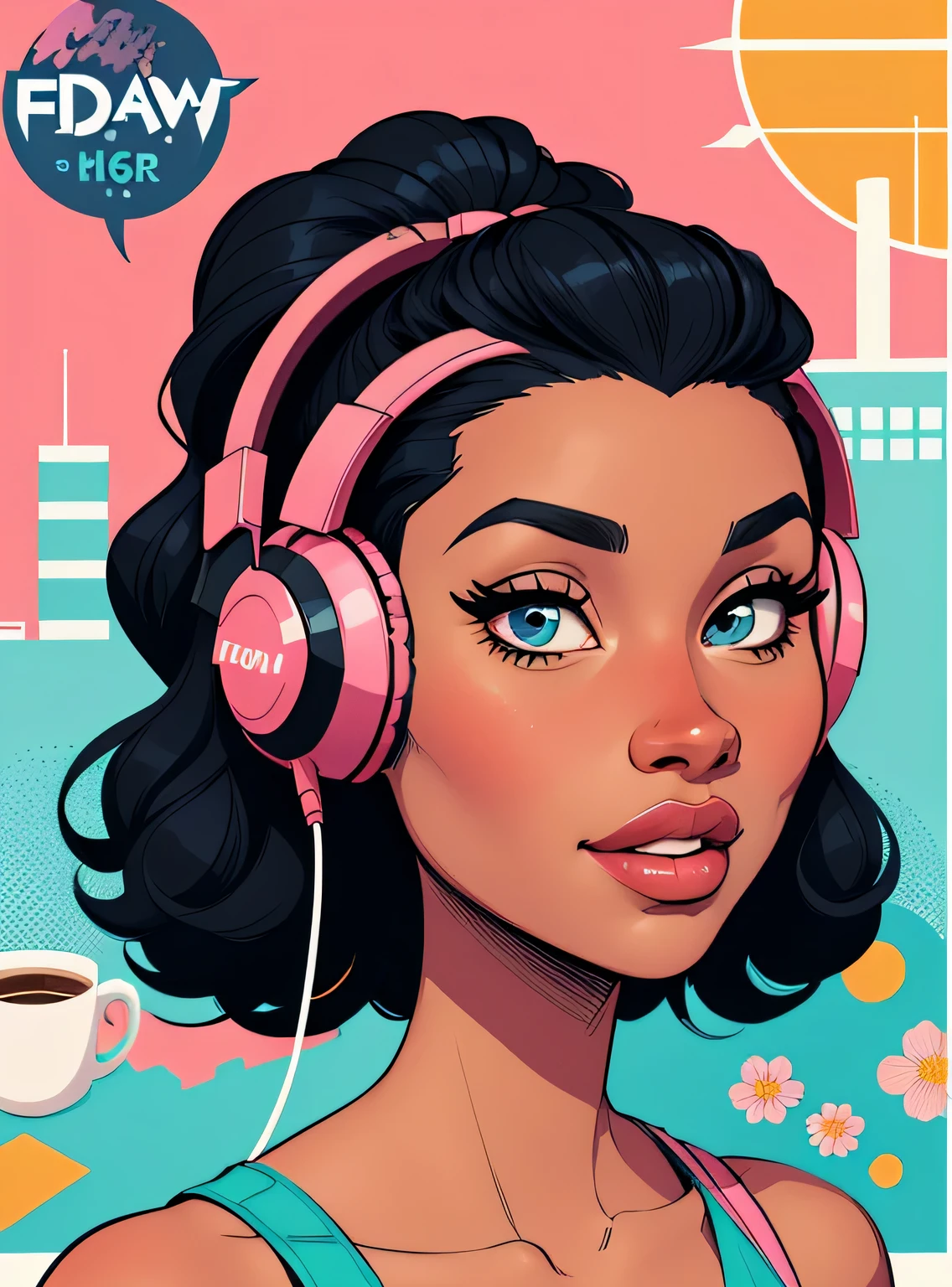 (estilo de desenho animado:1.2), Imagem dos desenhos animados de uma mulher com cabelo africano grande, headphones and coffee, garota negra super fofa e descolada, cartoon style illustration, estilo de arte dos desenhos animados, estilo de arte dos desenhos animados, digital illustration style, design de personagens altamente detalhado, arte digital detalhada fofa, City Girl Fan Art, design de personagem retrato, beautiful digital illustration, retrato de alta qualidade, arte em quadrinhos, Africa, retrato do design do personagem, fundo floral