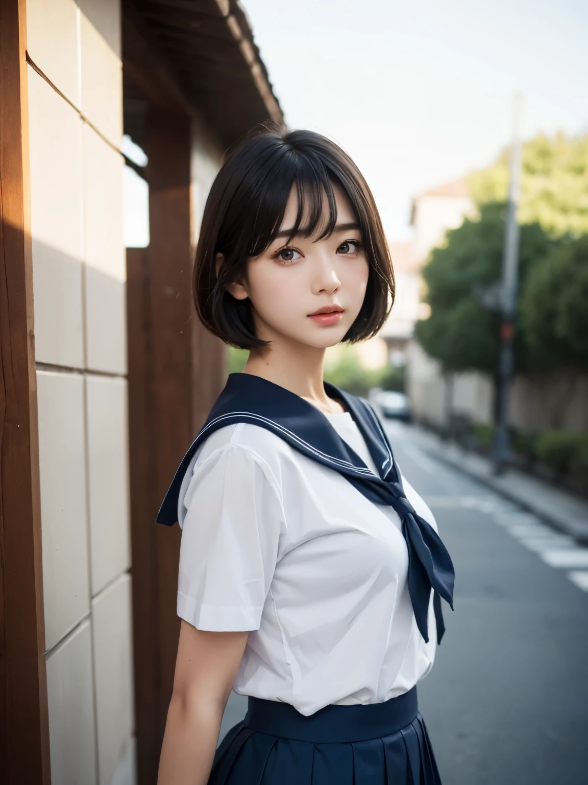 (realistic、Photoreal:1.2)、 very delicate and beautiful、 soft light、 1 girl standing、 neat beauty、 black hair、 bob cut hair、Japanese、 beautiful detailed girl、 cute、 shy、Passionate gaze staring at the viewer、 (sailor school uniform、 Dark blue long skirt:1.2)、 outdoor、