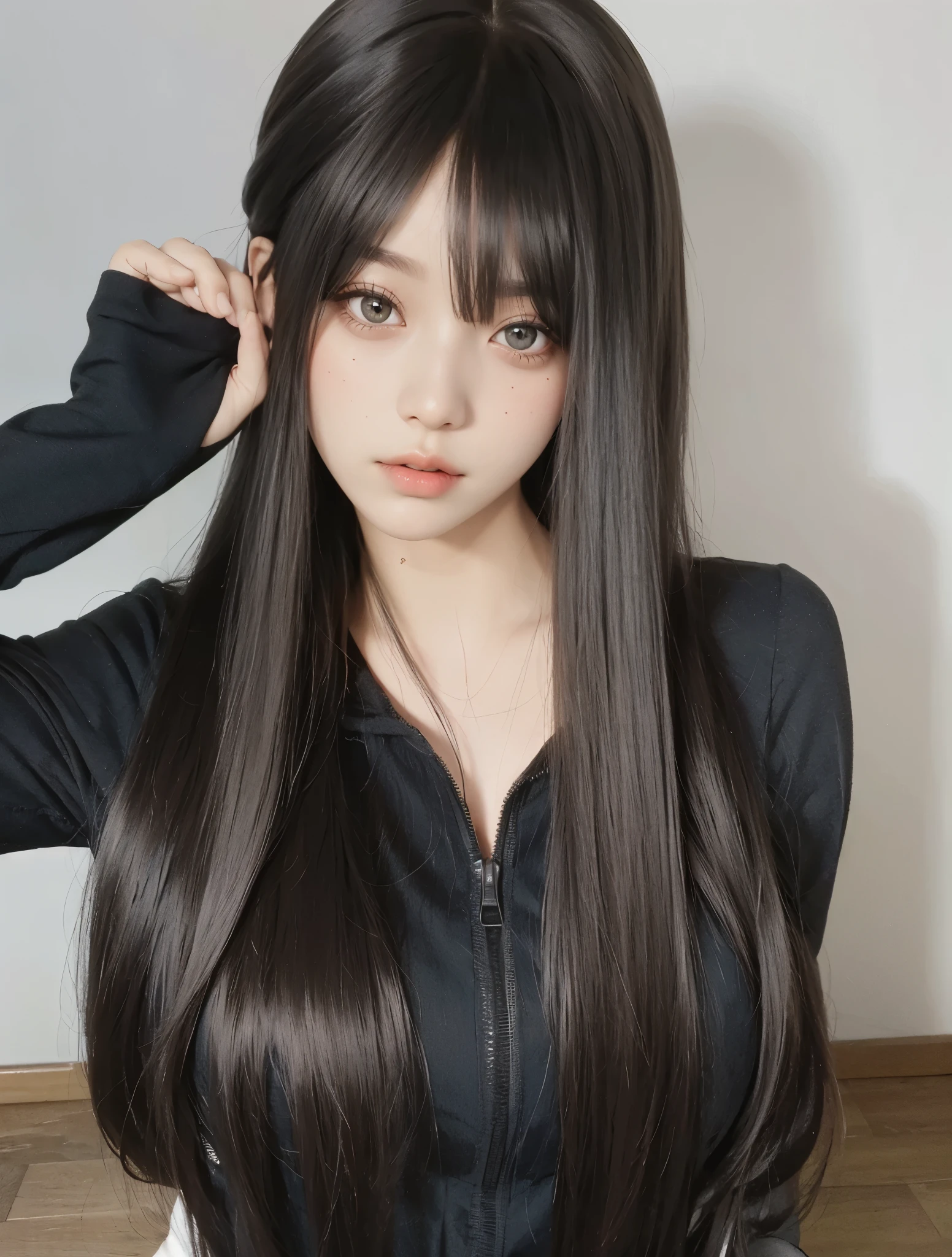 mulher arafada com fones de ouvido posando para uma foto, Ulzzang, cabelo longo com franja cheia, cabelo longo com franja, cabelo longo e escuro com franja, ela tem cabelo preto com franja, garota de anime na vida real, cabelo arrumado com franja, brown cabelo longo com franja, cabelo preto longo com franja, Franja reta longa,  coreana