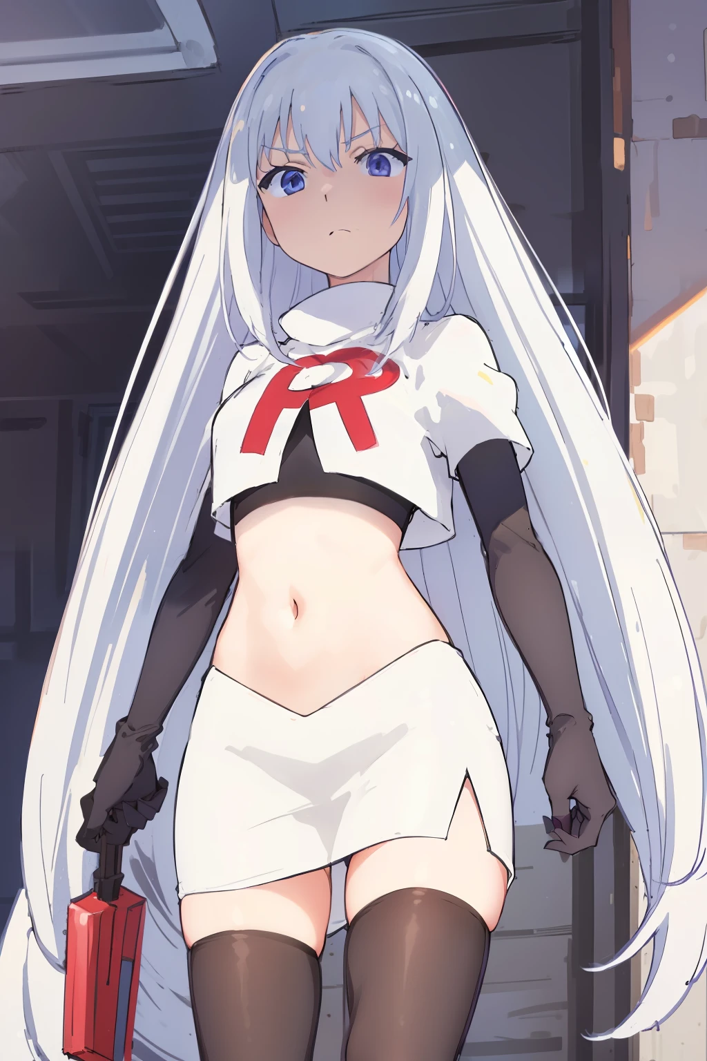 (extremely detailed CG unity 8k wallpaper), (masterpiece), (best quality), (ultra-detailed), (best illustration), (best shadow), (absurdres), 1girl, solo, Masuzu, 1girl, long hair, solo, very long hair, skirt, blue eyes, team rocket,team rocket uniform,white skirt,red letter R,crop top,black thigh-highs,black elbow gloves