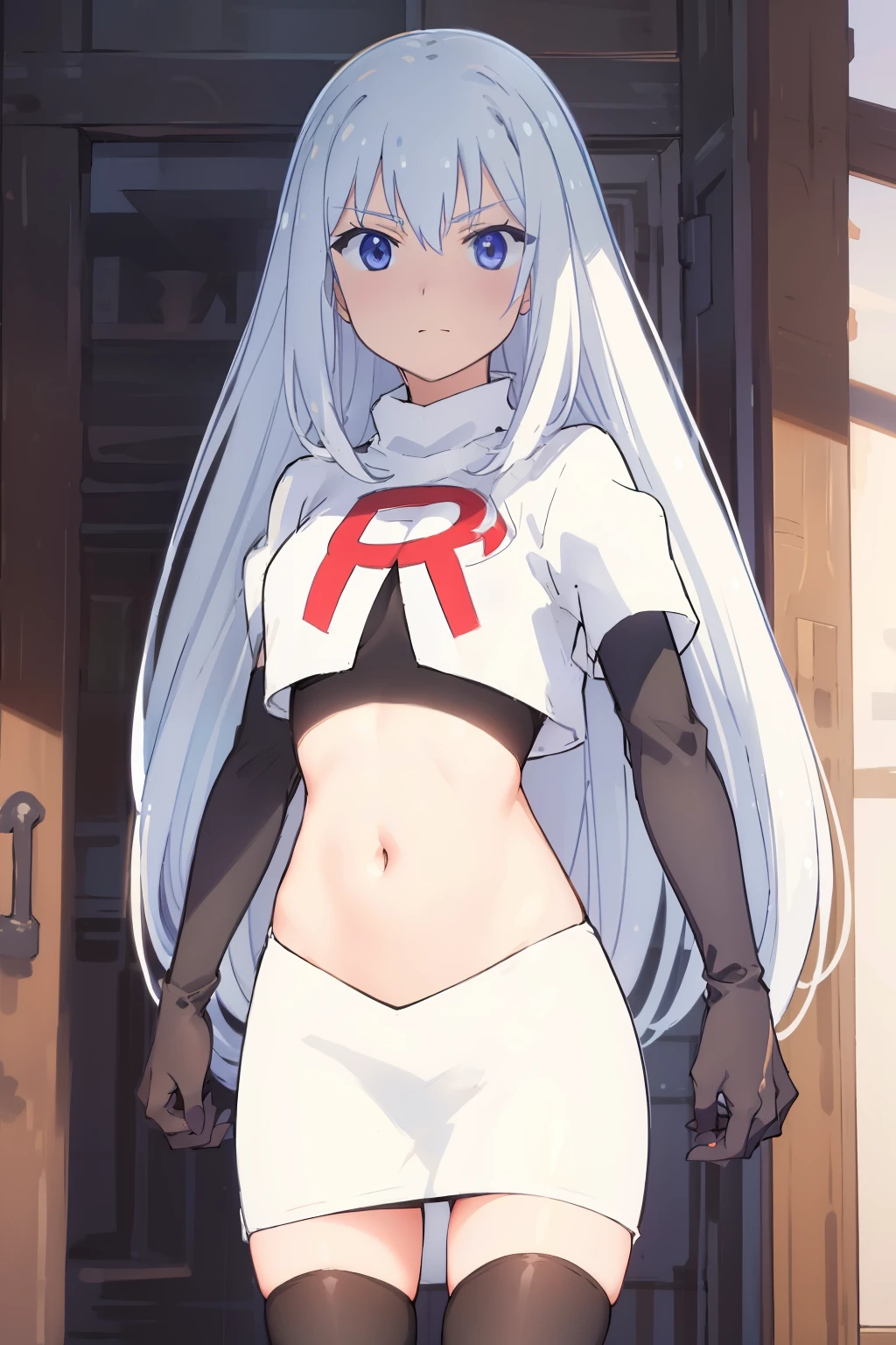 (extremely detailed CG unity 8k wallpaper), (masterpiece), (best quality), (ultra-detailed), (best illustration), (best shadow), (absurdres), 1girl, solo,   Masuzu, 1girl, long hair, solo,  very long hair, skirt, blue eyes, team rocket,team rocket uniform,white skirt,red letter R,crop top,black thigh-highs,black elbow gloves