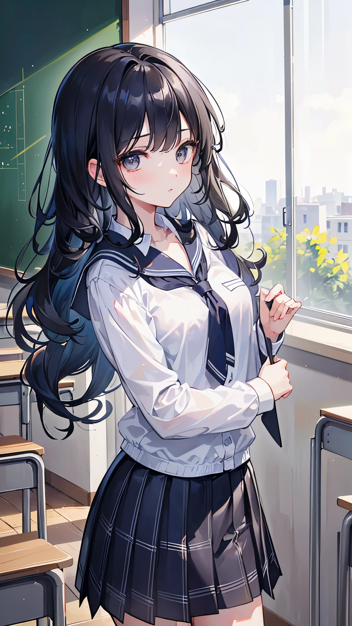 (8K、Highest image quality、highest quality、masterpiece)、detailed face、1 girl、black hair、short hair、Inner curly hair、((long back hair))、gray eyes、Moderate chest、((school uniform))、navy blue blazer、shirt、tie、plaid skirt、cowboy shot、classroom background