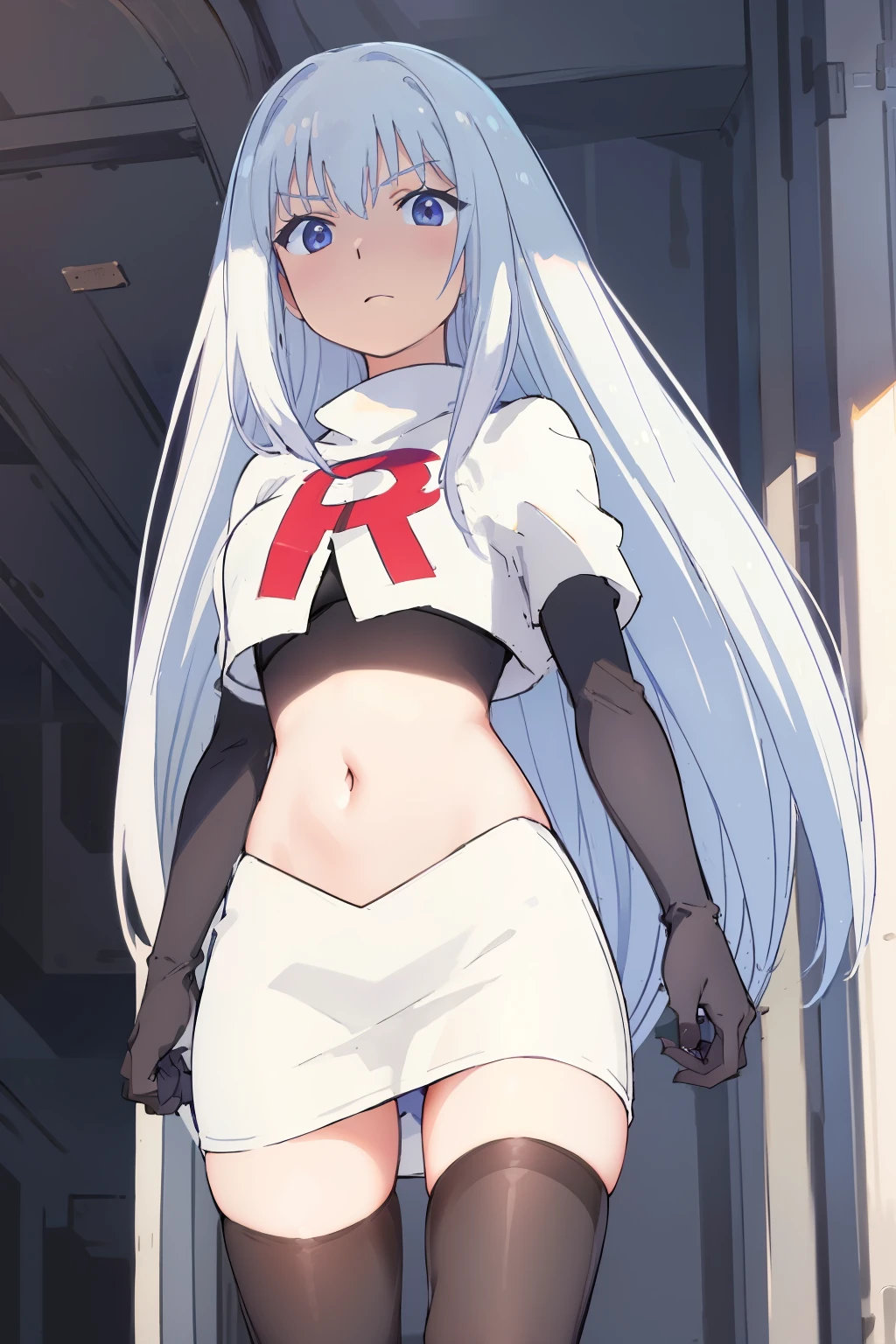 (extremely detailed CG unity 8k wallpaper), (masterpiece), (best quality), (ultra-detailed), (best illustration), (best shadow), (absurdres), 1girl, solo,   Masuzu, 1girl, long hair, solo,  very long hair, skirt, blue eyes, team rocket,team rocket uniform,white skirt,red letter R,crop top,black thigh-highs,black elbow gloves