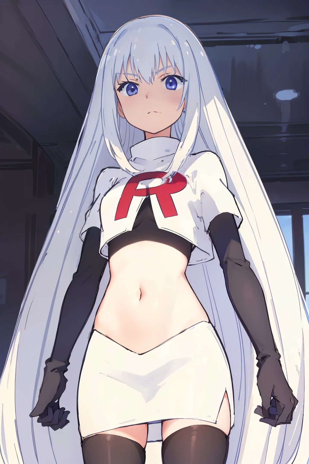 (extremely detailed CG unity 8k wallpaper), (masterpiece), (best quality), (ultra-detailed), (best illustration), (best shadow), (absurdres), 1girl, solo, Masuzu, 1girl, long hair, solo, very long hair, skirt, blue eyes, team rocket,team rocket uniform,white skirt,red letter R,crop top,black thigh-highs,black elbow gloves
