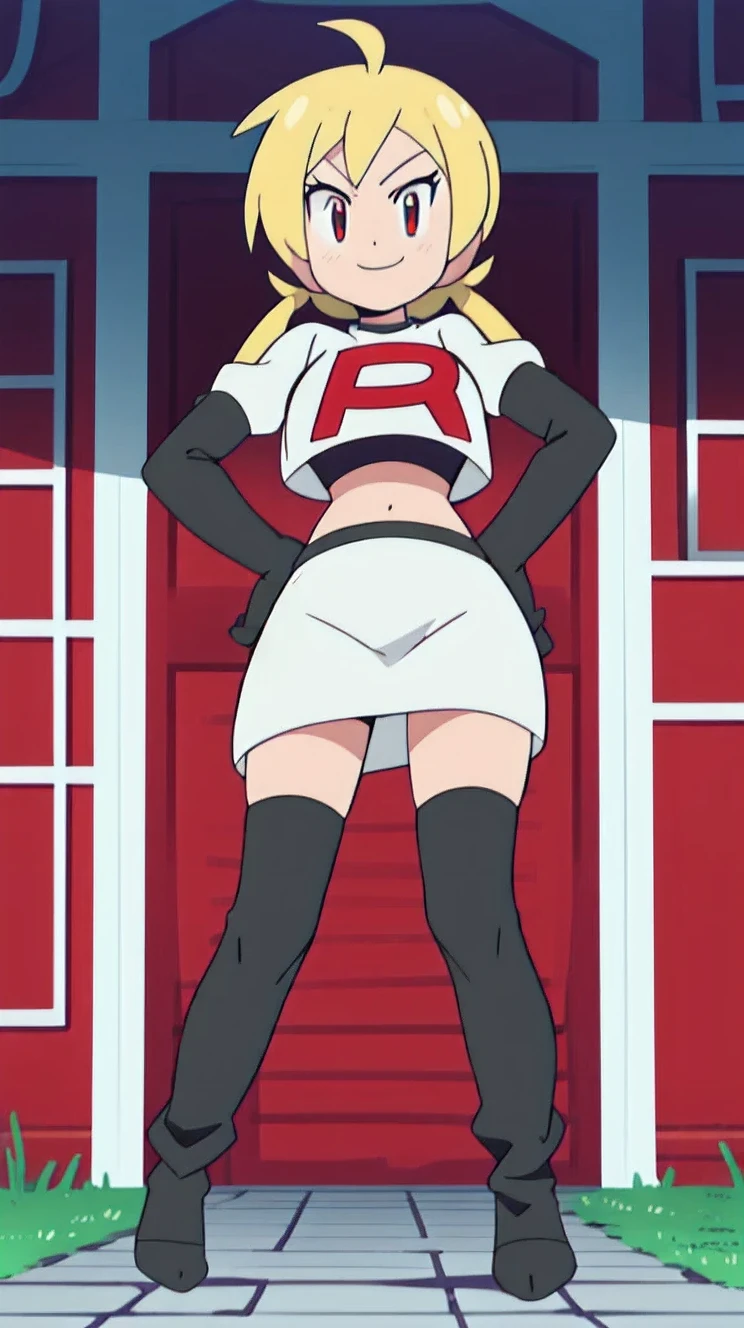 1girl in, (Solo:1.2), (Perfect body:1.1), (Best Quality:1.1), Cute Girl, Tsundere:1.1, (student clothes:1.4), (tiered layers skirt:1.2), very large breast, a blond, Long twintails, Black Ribbon Hair Fastening, Tsuriformes, sharp eye, Sanpaku eyes, (Seductive smile:1.5), Noble atmosphere, Fine-grained skin, (Choker with a cross:1.1), View of the valley, Navel Ejection, Raw feet, a belt on the thighhigh, Bright red eyes, Shining eyes, (NSFW:0.8), 8K, a belt on the thighhigh, Skinny Legs, School grounds with grass, full body seen, (Looking down here:1.2), (Loose socks:1.3), I don't have anything in my hands, No one around, hands on hip,team rocket uniform, red letter r, white skirt,white crop top,black thigh-high boots, black elbow gloves, glaring angrily, looking at viewer, hands on hips, full body seen
