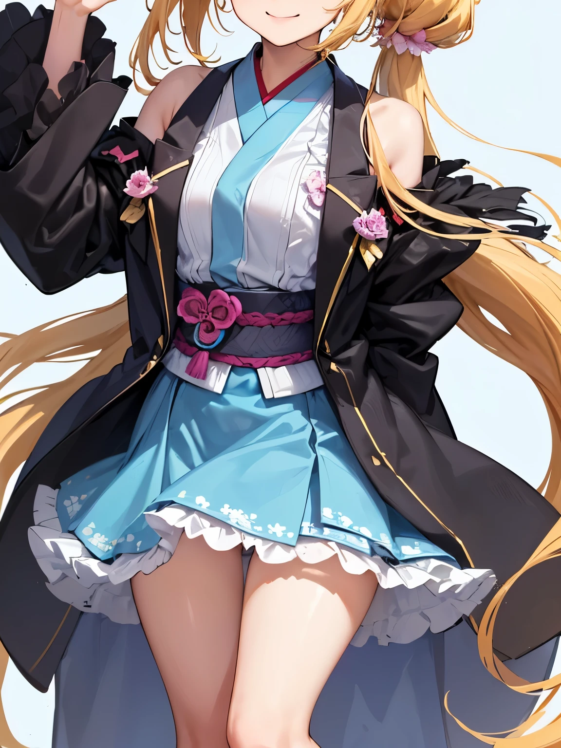 character//1 girl,((light golden hair:1.2)),((loosely tied long ponytail:1.2)),((Ponytails are fluffy and voluminous)),((Luxurious hairpin in a hair knot:1.3)),((A horn grows from the forehead1.6)),((demon cosplay girl:1.4)),BREAK//((Fluttery dress with a wide open chest:1.4)),((The hem of the dress is stepped々The frills give it a gorgeous feel.)),((The pattern of the dress is a Japanese pattern with prominent peony flowers.:1.5)),((The hem of the dress is long enough to cover your legs.:1.3)),((one piece color、white, red, pink, yellow, and light blue)),BREAK//,((no background:1.2)),((close up of face:1.2)),((proud smile:1.2))