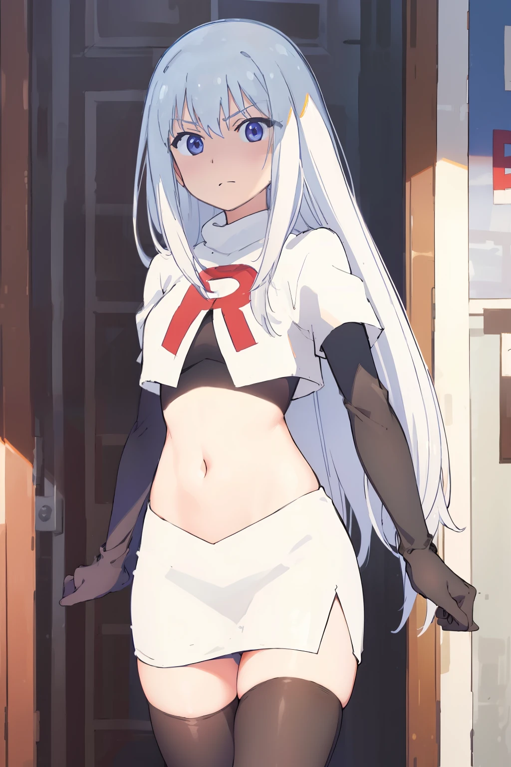 (extremely detailed CG unity 8k wallpaper), (masterpiece), (best quality), (ultra-detailed), (best illustration), (best shadow), (absurdres), 1girl, solo, Masuzu, 1girl, long hair, solo, very long hair, skirt, blue eyes, team rocket,team rocket uniform,white skirt,red letter R,crop top,black thigh-highs,black elbow gloves
