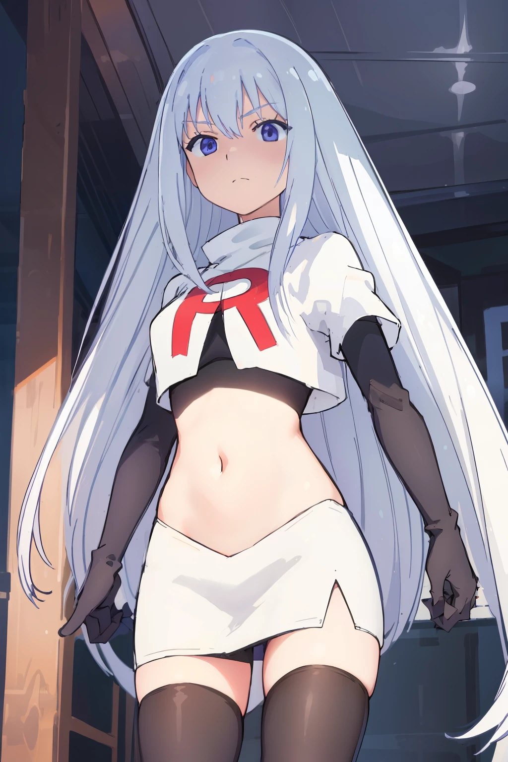 (extremely detailed CG unity 8k wallpaper), (masterpiece), (best quality), (ultra-detailed), (best illustration), (best shadow), (absurdres), 1girl, solo, Masuzu, 1girl, long hair, solo, very long hair, skirt, blue eyes, team rocket,team rocket uniform,white skirt,red letter R,crop top,black thigh-highs,black elbow gloves