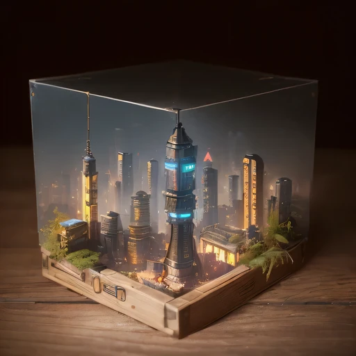 small realistic model, (bifurcation, original photo, best quality, masterpiece:1.4),SteampunkCyberpunk1916 City,(Cyberpunk light:1.3),on the table,horizon (related to land),(in a small nature box:1.3),Isometric, small nature, landscape on foundation,landscape,Distant focus