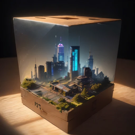 small realistic model, (bifurcation, original photo, best quality, masterpiece:1.4),SteampunkCyberpunk1916 City,(Cyberpunk light:1.3),on the table,horizon (related to land),(in a small nature box:1.3),Isometric, small nature, landscape on foundation,landscape,Distant focus