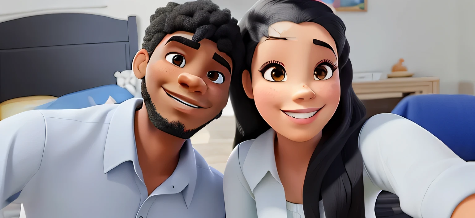 Um casal, com homem negro a esquerda e mulher parda a direita, estilo disney pixa, alta qualidade, melhor qualidade