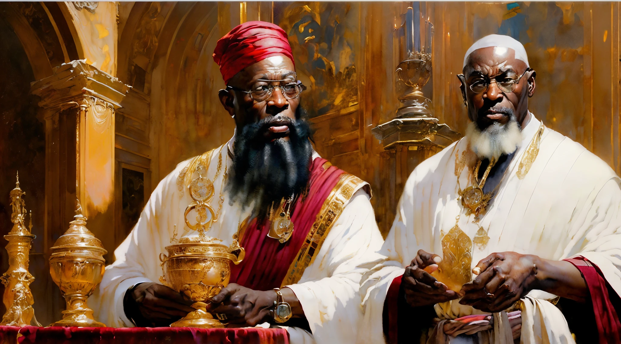 Random shot, (focused:1.3) (50-year-old Nubian priest:1.3) (grey dreadlocks) (beefy:1.4) priest robe, (artgerm:1.2) Delightful anatomy, Highly (dynamic:1.2), (fantastic, amazing art) (fantastic godlike perfect art, 64k ultra hd:1.1), Highly (dynamic:1.2), (fantastic, amazing art), (art by apterus, art by dean Cornwell:1.6), He walks around the (palace:1.6)