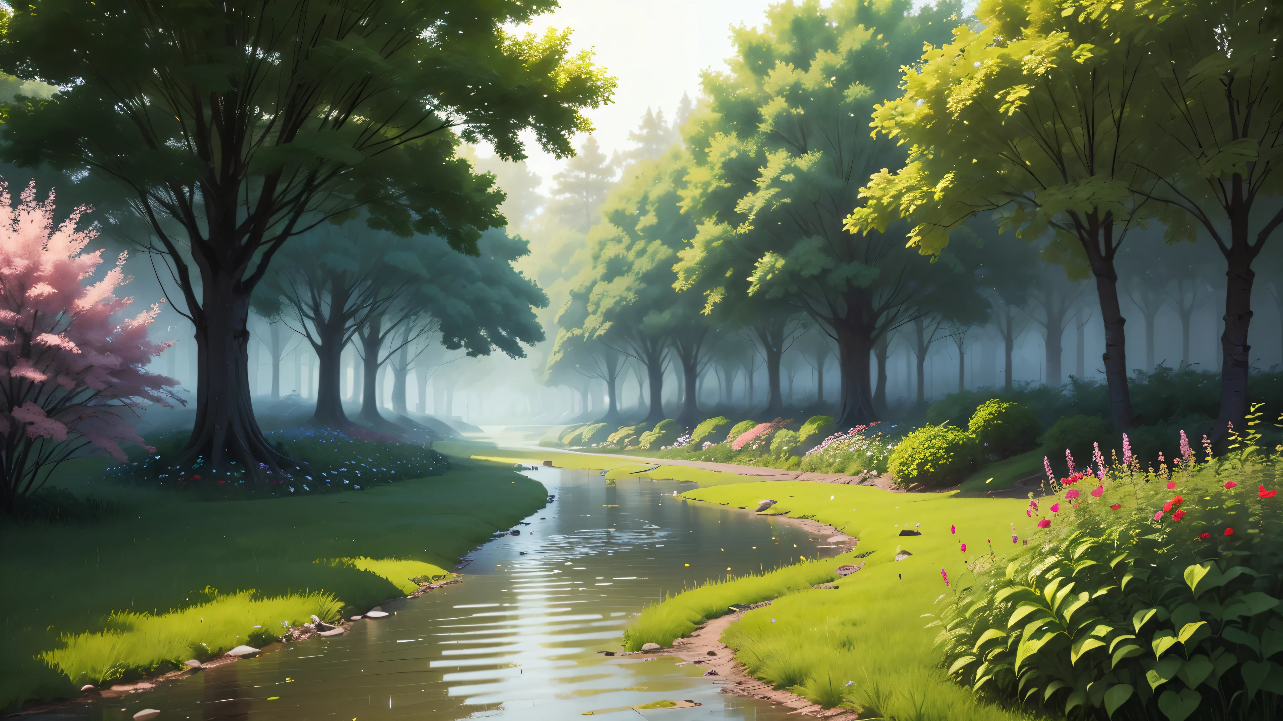 heavy rain in the park with many trees and plants and flowers, wet rain vegetation