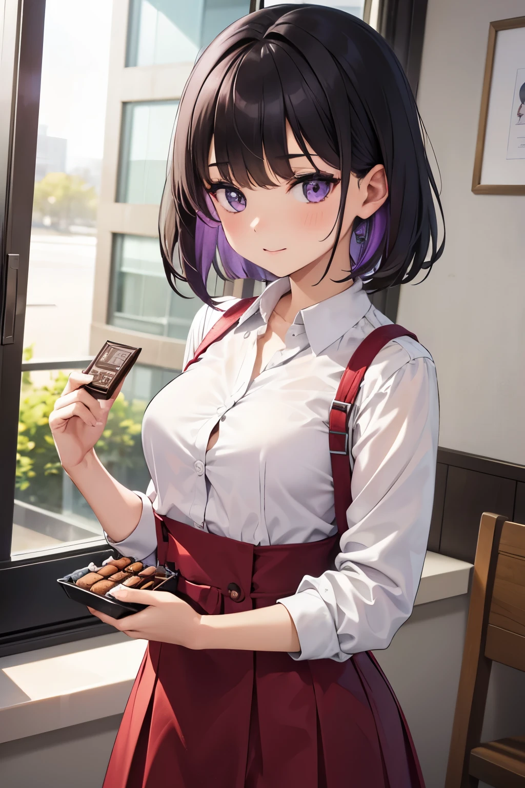 1 girl, short hair, black hair with purple highlights, purple eyes, white shirt, red dress, a box of chocolates in her hand