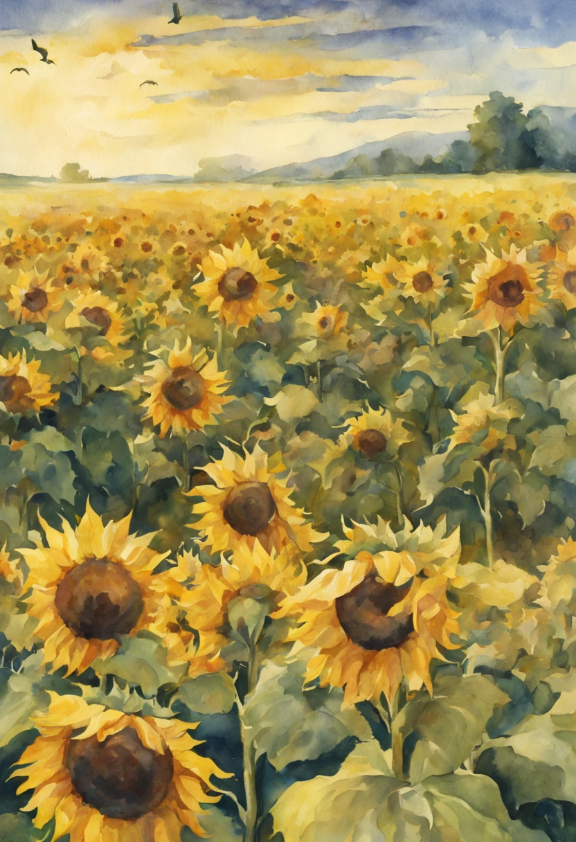 A field of sunflowers all around, a summer sky, a quiet afternoon, watercolors, and a bird's-eye view.