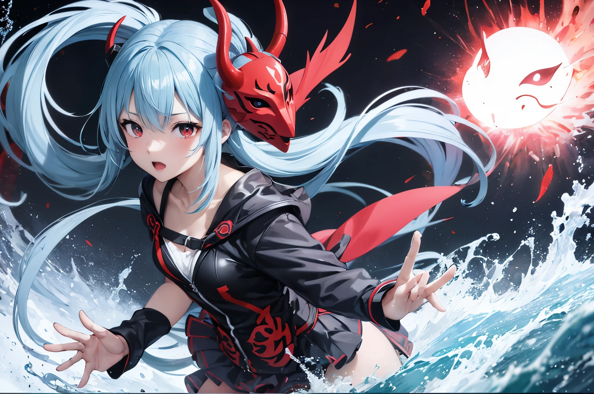 light blue long hair、Twin-tailed girl、black eyes, A red demon mask is floating in the air、splash art、anime style 4k, , 