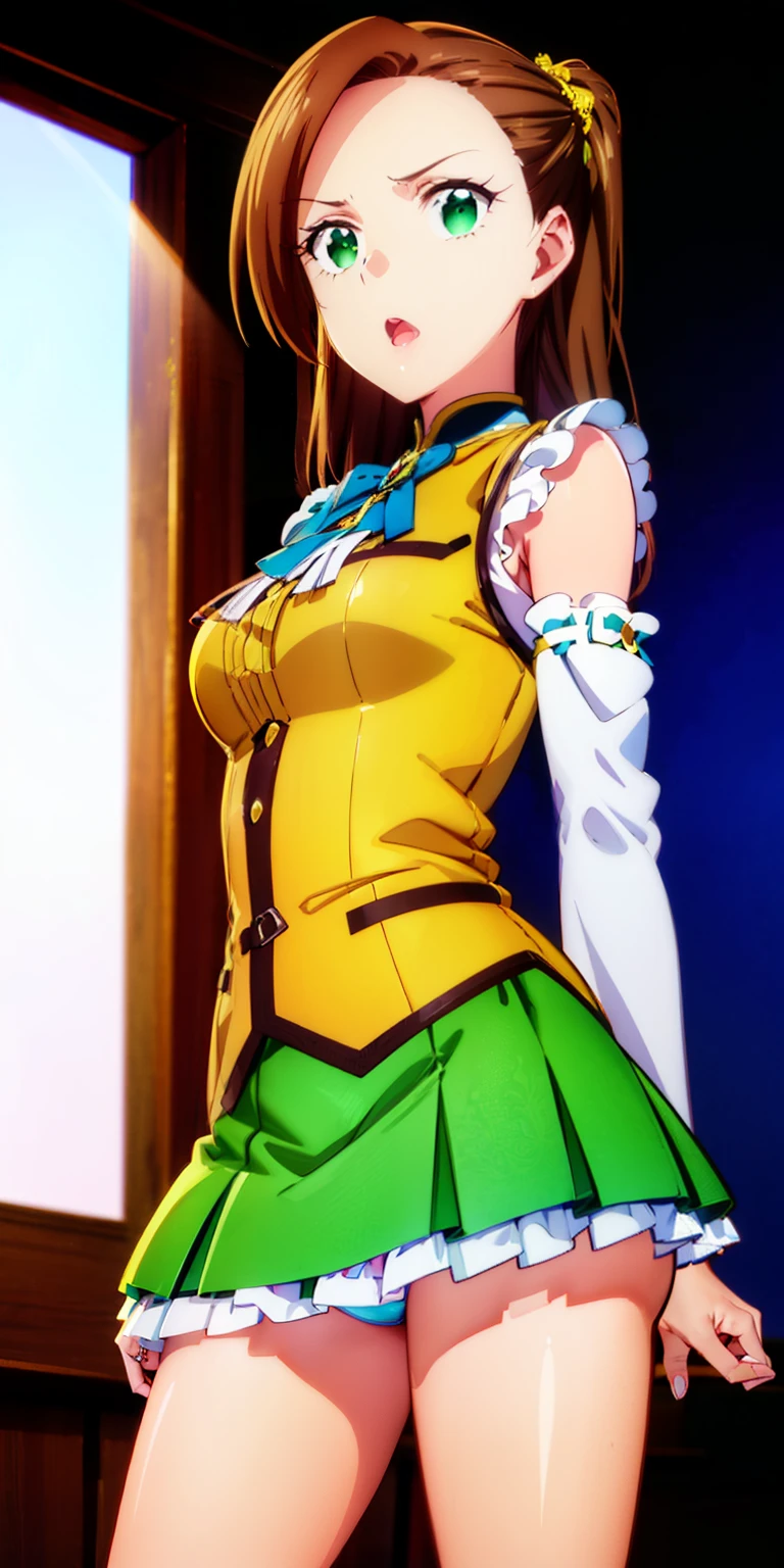 (((highest quality))), ((super detailed)),katalina、Light blue blouse、super mini skirt、waist skirt、 ((illustrinion)), ((messy hair)), ((frills)), super mini skirt、beautiful woman、leather、luster、sleeve less、Thin dress、立膝in座ってます、beautiful breasts、Sleeveless dress、しゃがんinる、spread legs、show whitepanties,Beautiful camel toe、(1 girl),(一人in),brown hair,cowboy_shot,crossed_arm,looking for_in_viewer,Open_mouth,simple_background,Are standing,rining:Safety,agriculture_clothing,green_Clothes,green_eye,((highest quality))), ((super detailed)), ((illustrinion)), ((messy hair)), ((frills)), (1 girl),(一人in),,cowboy_shot,crossed_arm,looking for_in_viewer,Open_mouth,simple_background,Are standing,rining:Safety,agriculture_clothing,green_Clothes,green_eye,