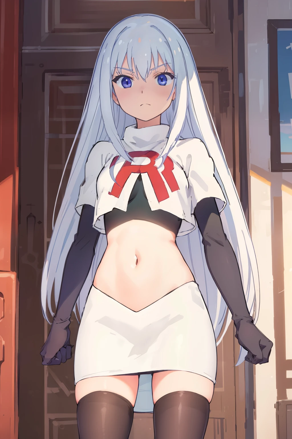 (extremely detailed CG unity 8k wallpaper), (masterpiece), (best quality), (ultra-detailed), (best illustration), (best shadow), (absurdres), 1girl, solo, Masuzu, 1girl, long hair, solo, very long hair, skirt, blue eyes, team rocket,team rocket uniform,white skirt,red letter R,crop top,black thigh-highs,black elbow gloves