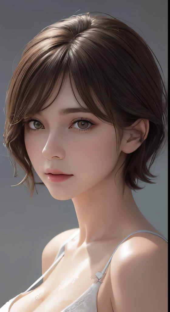 cinematic lighting、perfect、soft light、High resolution skin:1.2、realistic skin texture、30 year old mature woman、small face、no makeup、Bust B Cup、、Detailed beautiful brown eyes、wet hair、short hair、dark brown hair、cool beauty、gray background