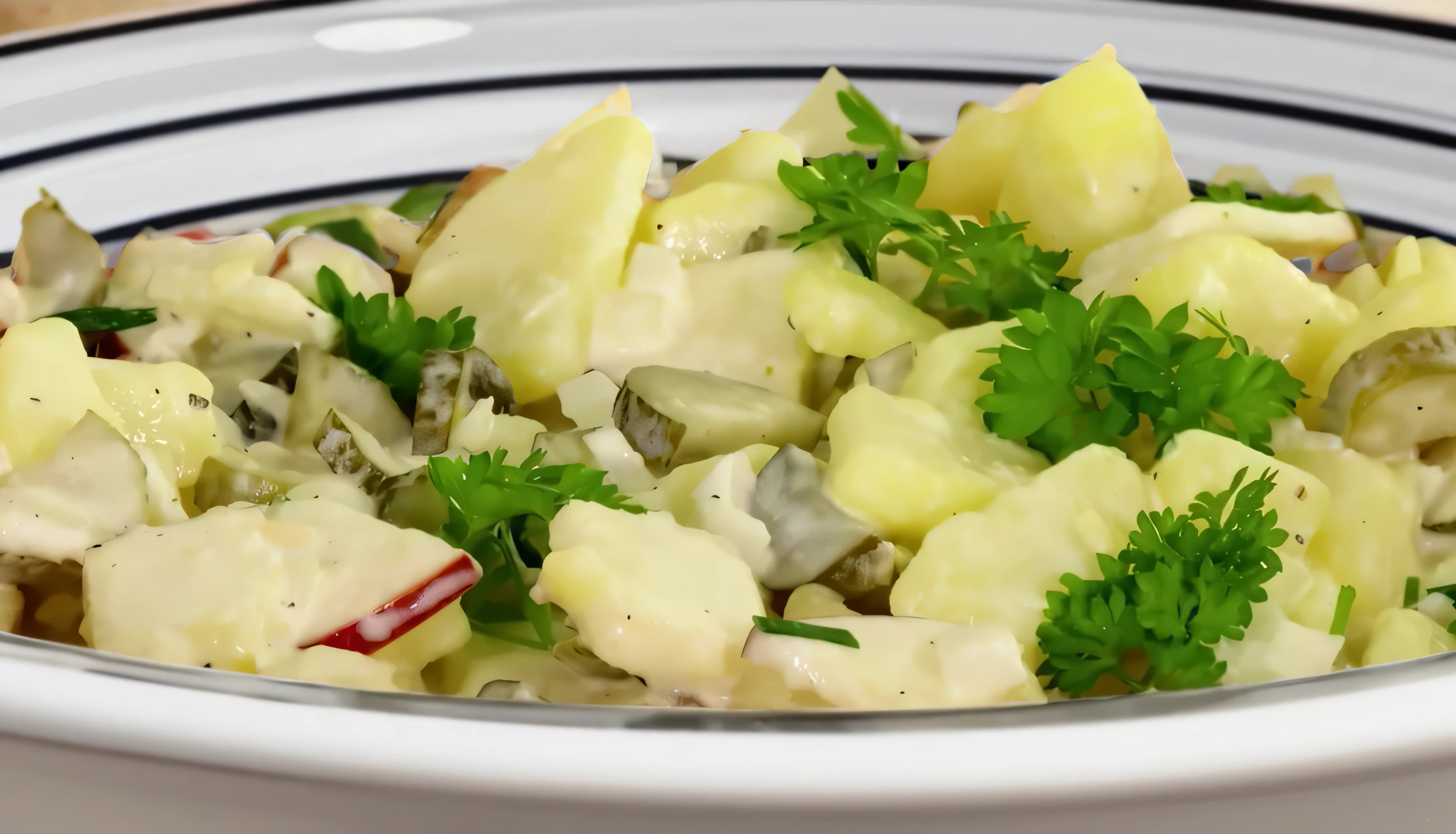 il y a un bol de salade de pommes de terre avec du persil et du persil, salade, 3 4 5 3 1, 3156350975, vert, delicious, 3274589695, 4 0 9 6, 3580780586, stunning image, couple inspired by Slava Raškaj